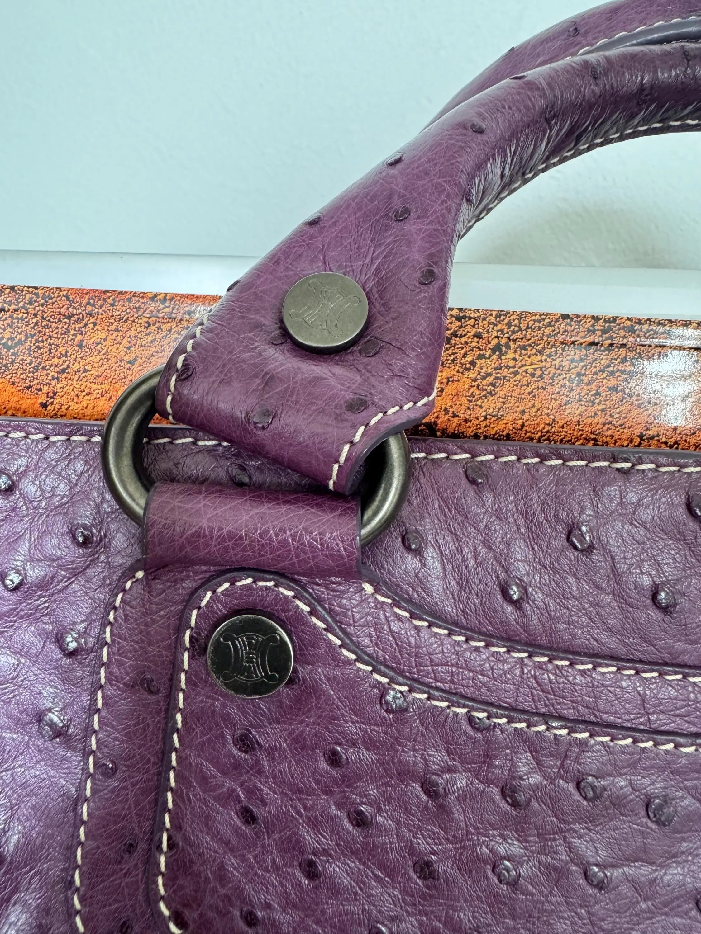 Vintage Celine Paris Made in Italy Top Handle  Handbag bag Triomphe Boogie Ostrich purple leather beautiful vintage bag