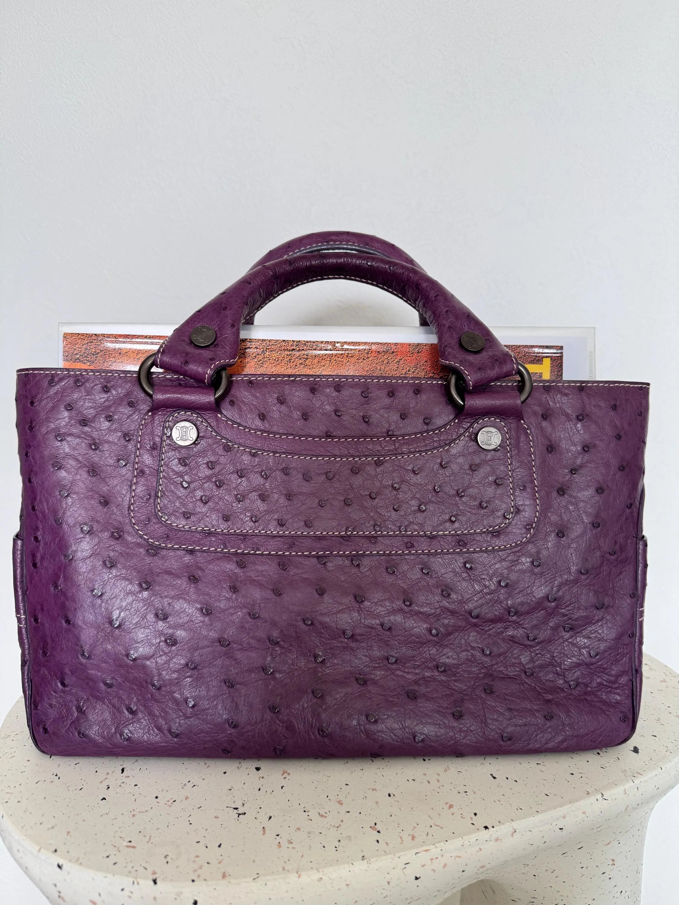 Vintage Celine Paris Made in Italy Top Handle  Handbag bag Triomphe Boogie Ostrich purple leather beautiful vintage bag