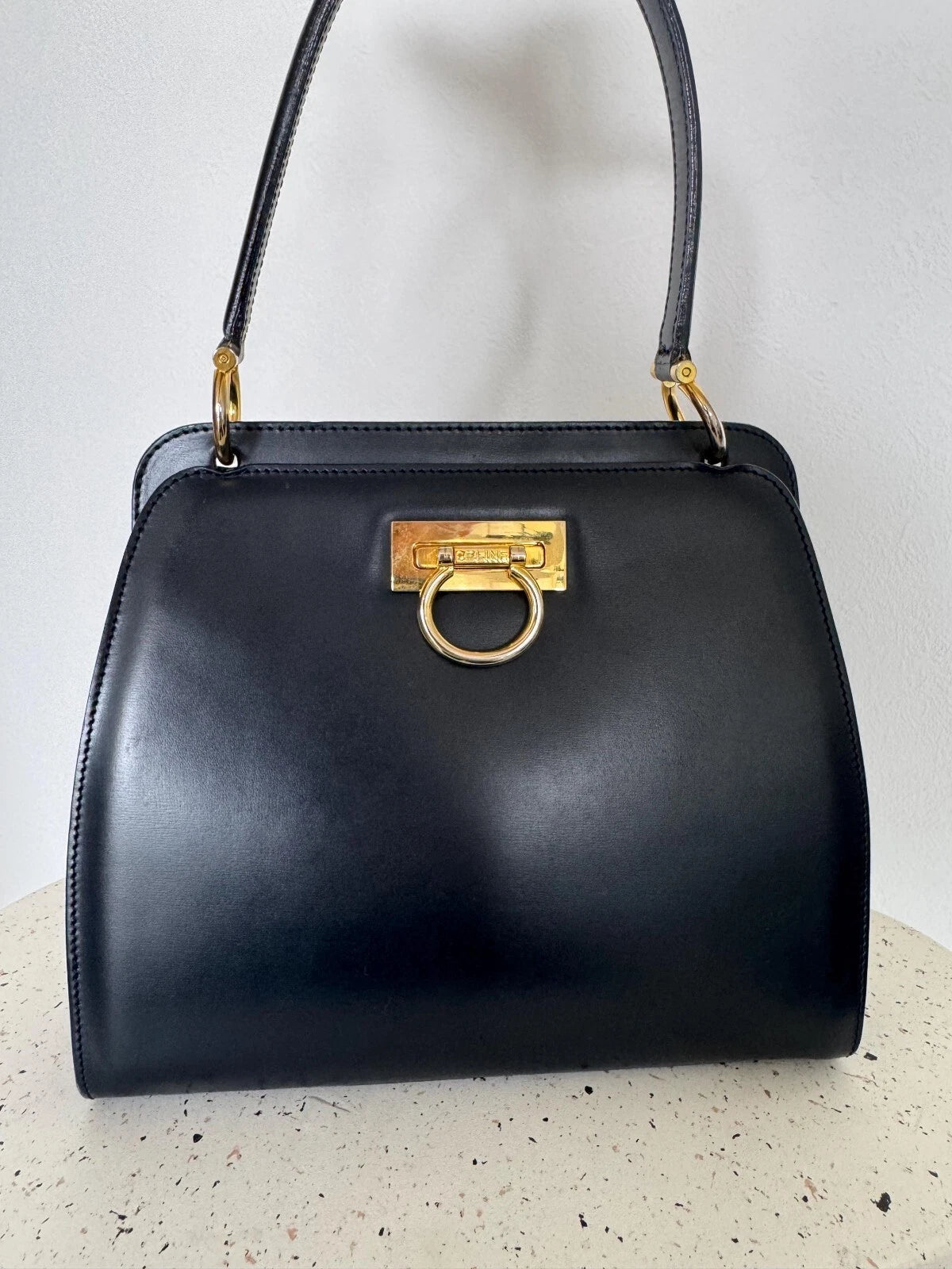Vintage Celine Paris Made in Italy Top Handle  Handbag bag shoulder Dark Navy Blue leather  beautiful vintage bag