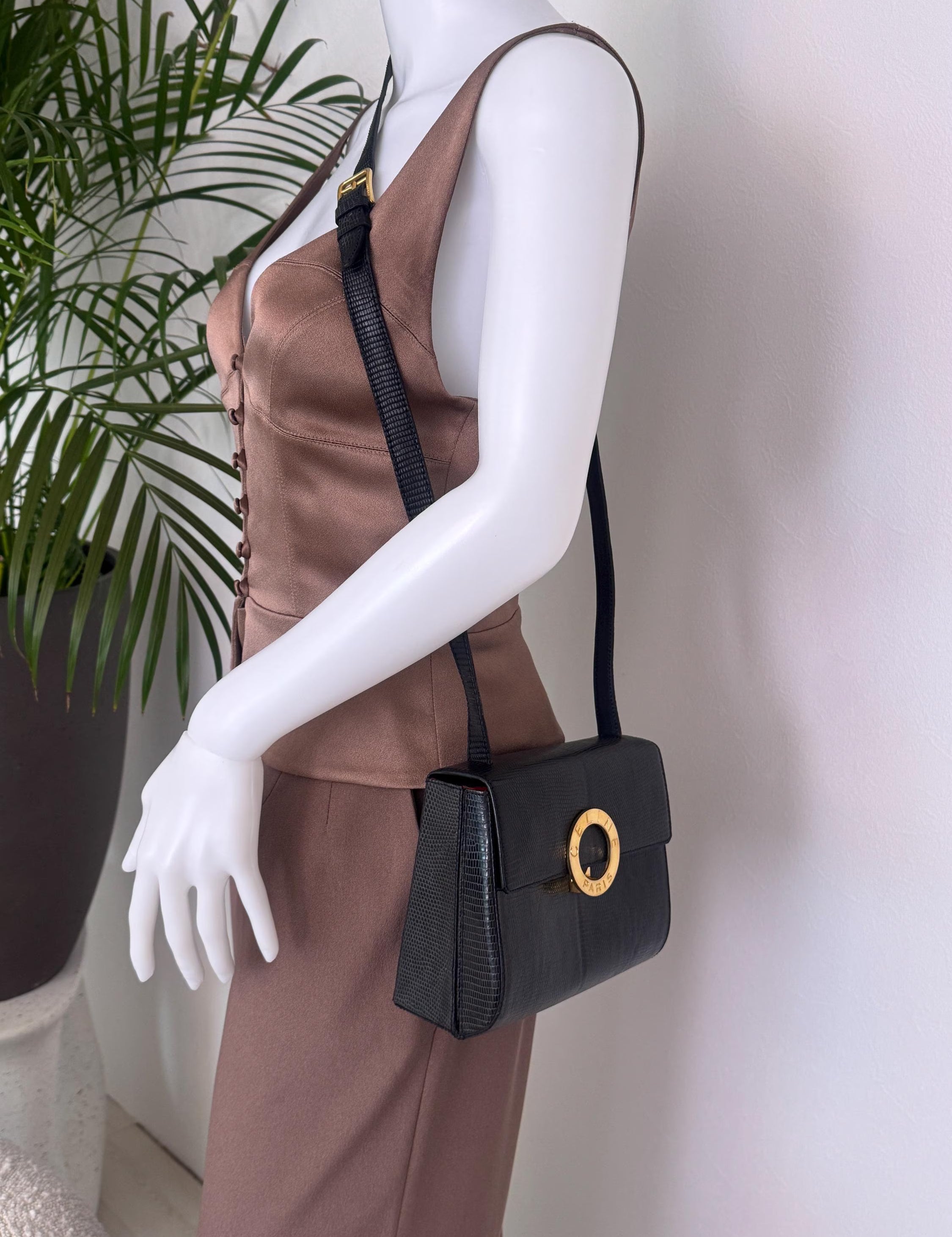 Vintage Celine bag, Celine Paris Triomphe Shoulder Bag Black box Made in Italy, Celine lizard  bag, Celine 80s, Rare Celine, Gift for her