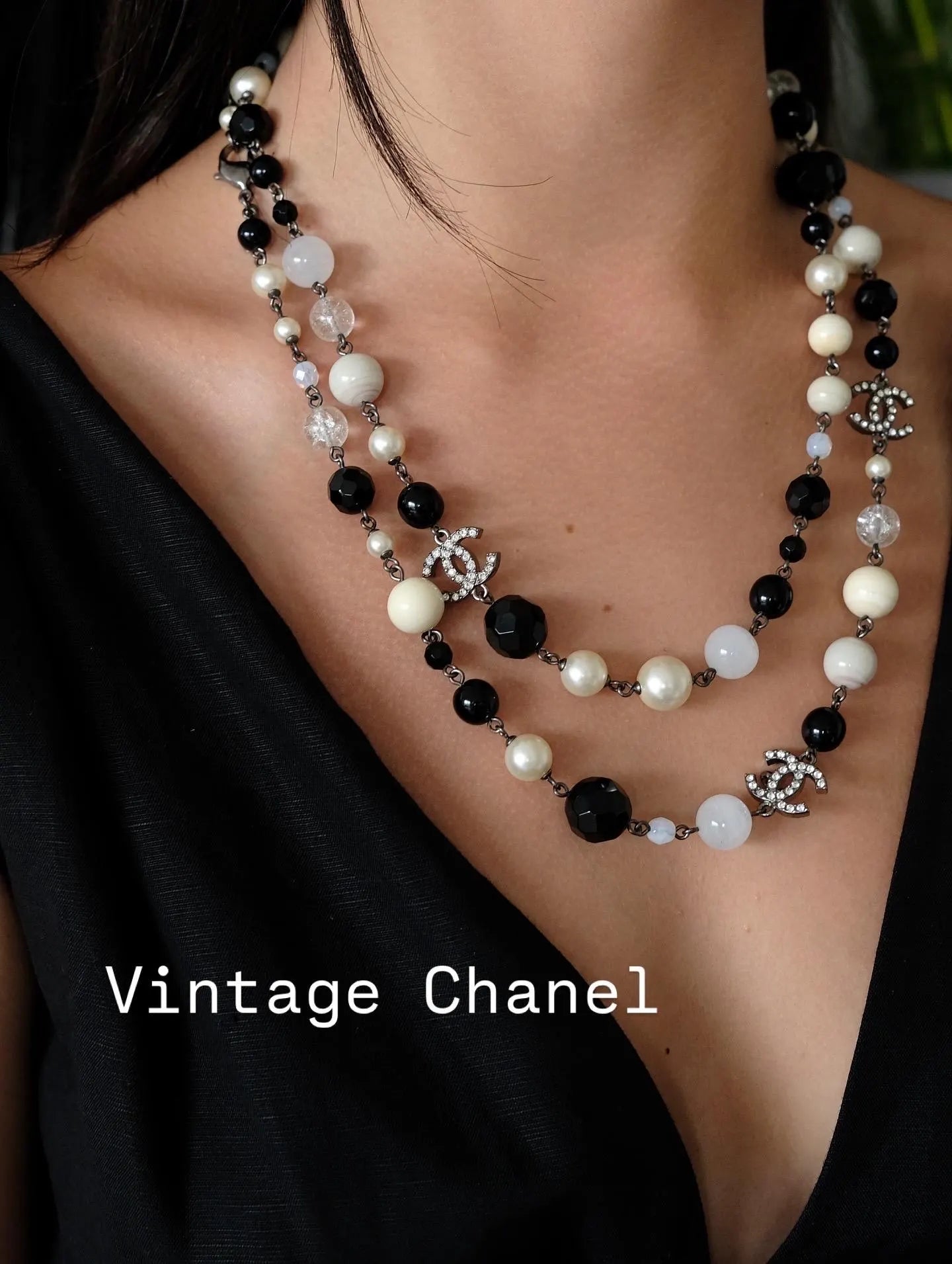 Vintage Chanel Necklace Long CC Logo, Choker Necklace, Beaded Necklace, Made in France , Charm Necklace, Chain Necklace, Vintage Jewelry