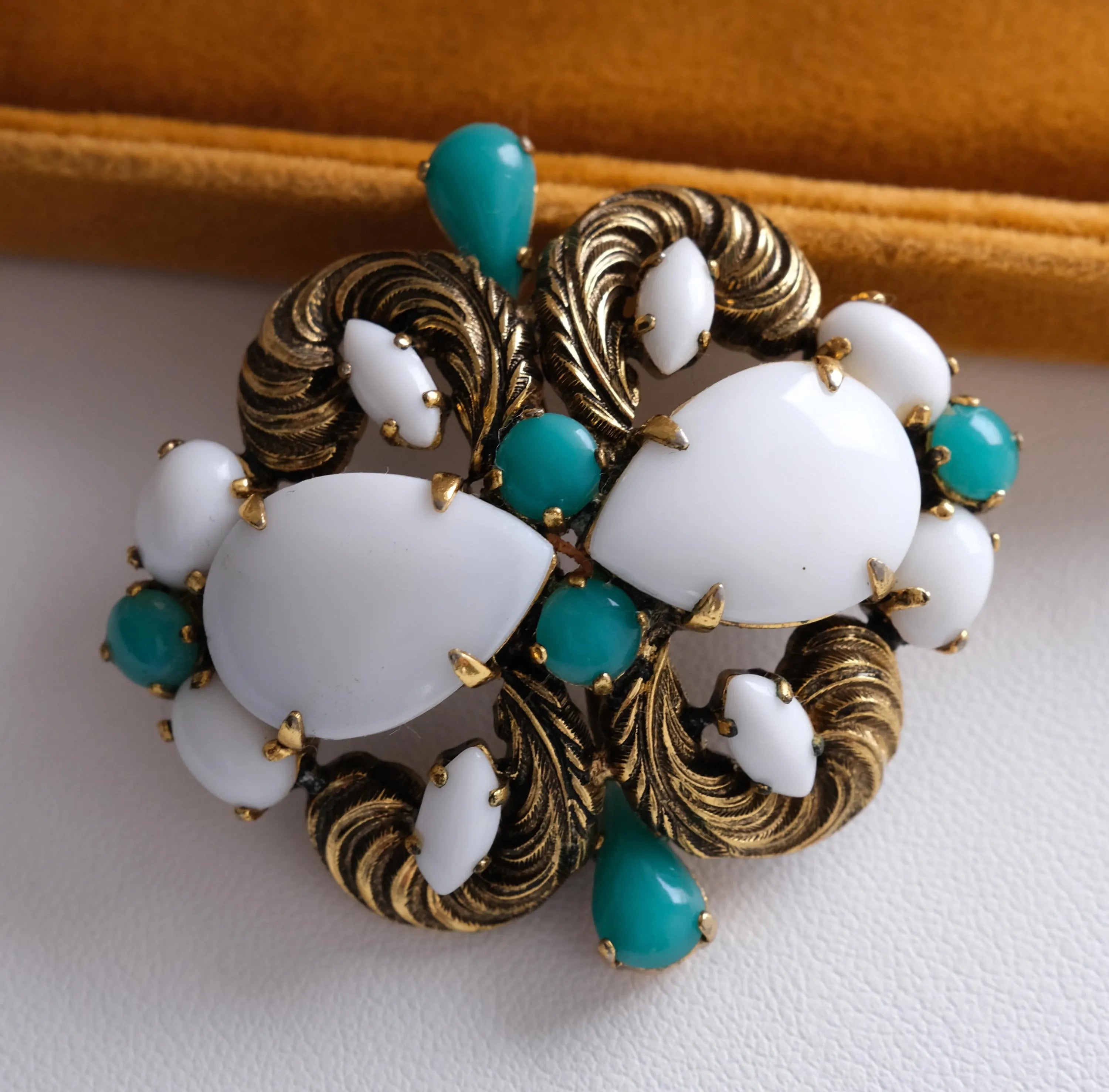 Vintage Christian Dior 1964 Germany milk glass brooch with turquoise cabochons in gold tone, rare collector jewelry