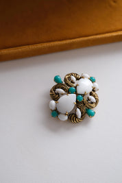 Vintage Christian Dior 1964 Germany milk glass brooch with turquoise cabochons in gold tone, rare collector jewelry