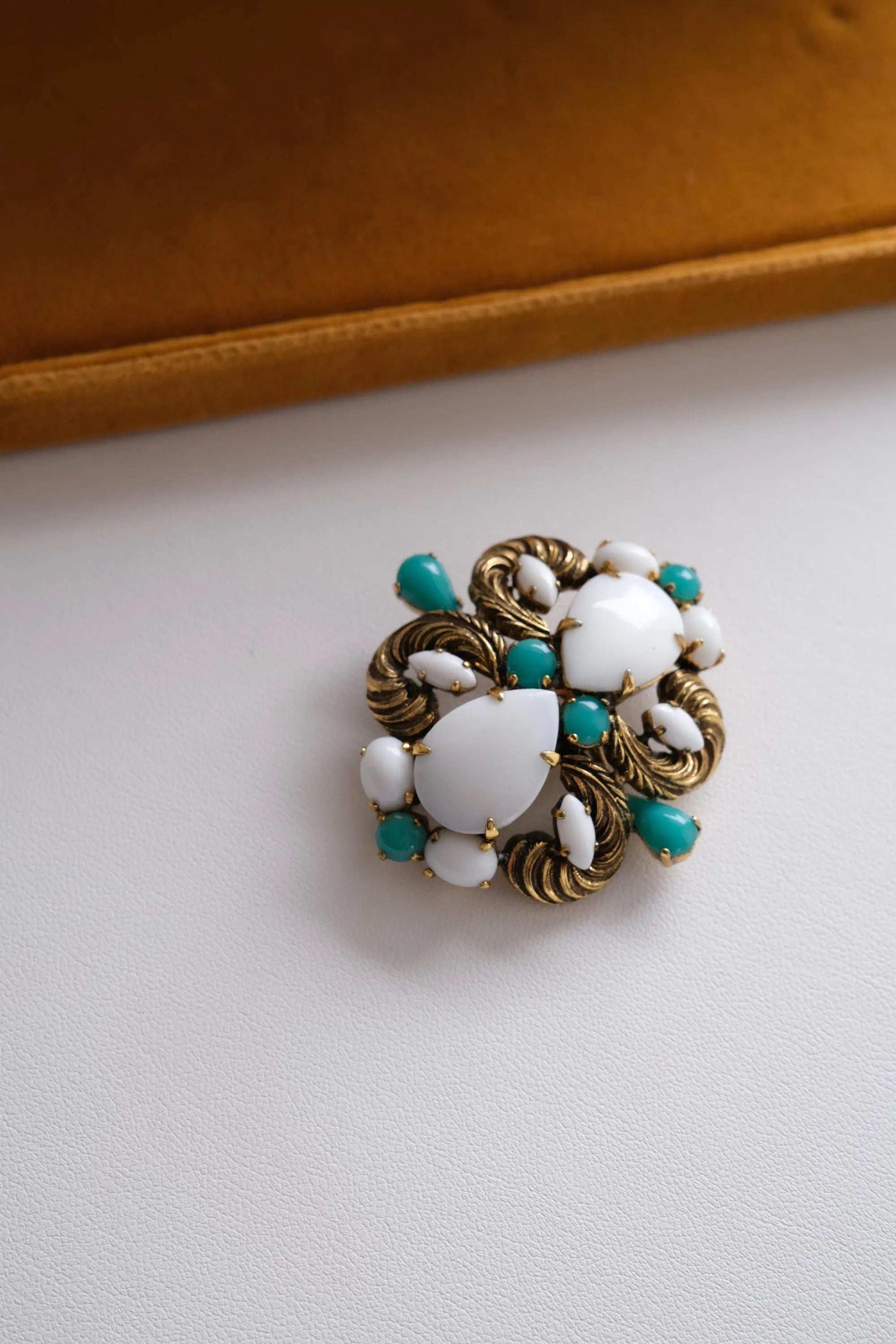 Vintage Christian Dior 1964 Germany milk glass brooch with turquoise cabochons in gold tone, rare collector jewelry