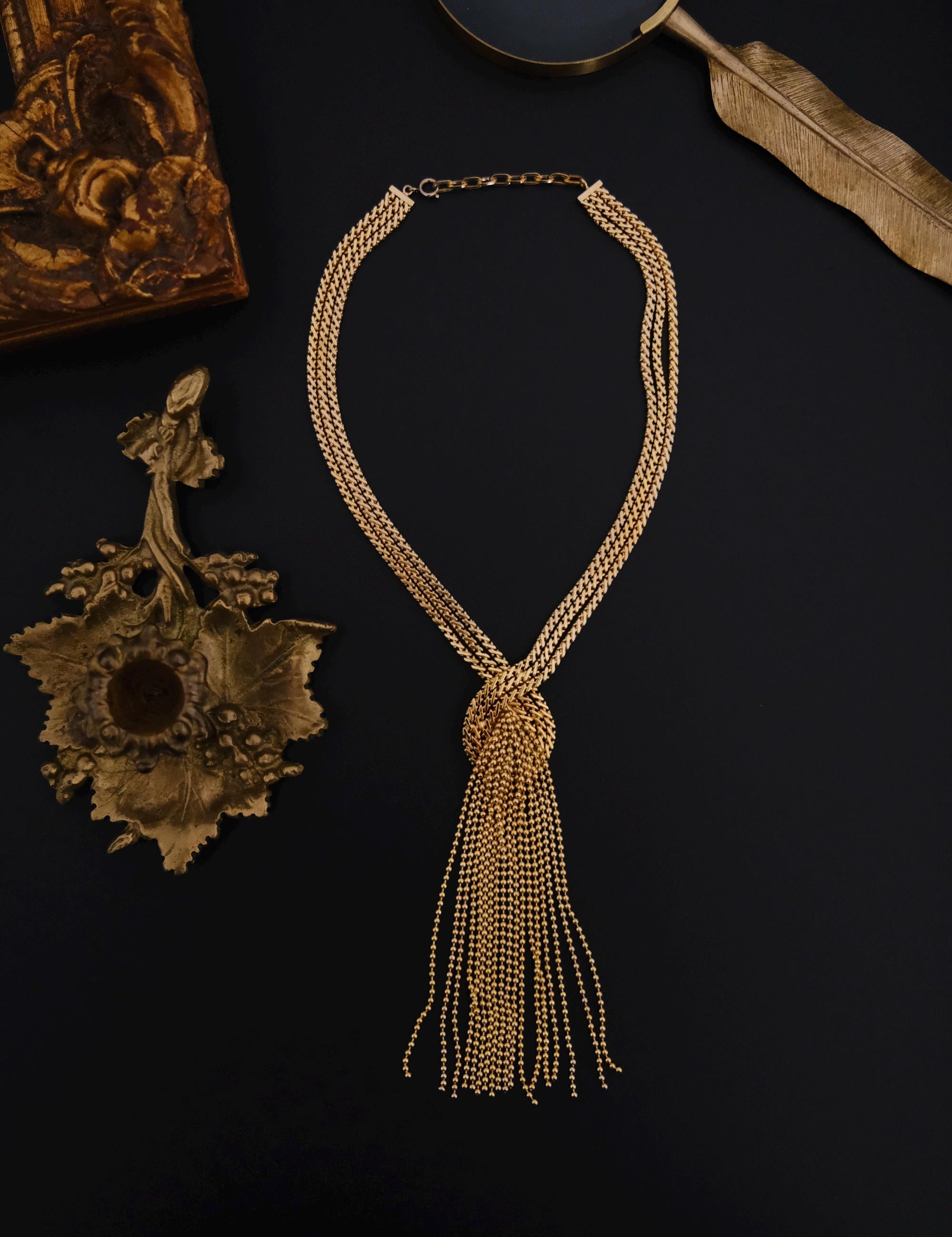 Vintage Christian Dior 1974 gold-tone fringe tassel statement necklace, signed Christian Dior Germany