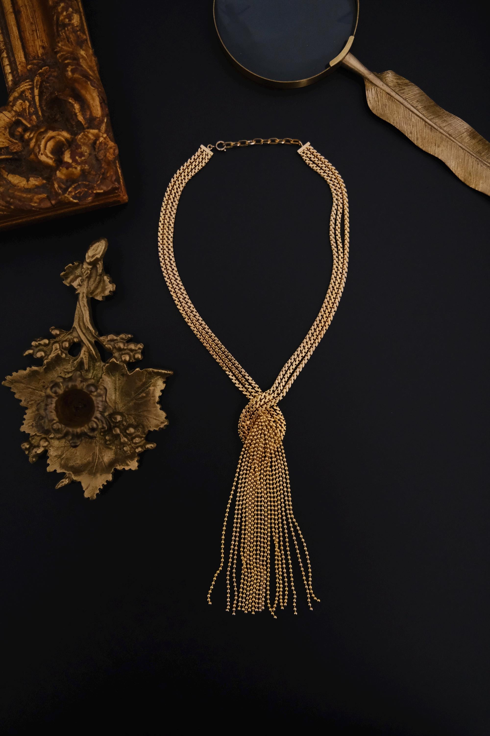 Vintage Christian Dior 1974 gold-tone fringe tassel statement necklace, signed Christian Dior Germany