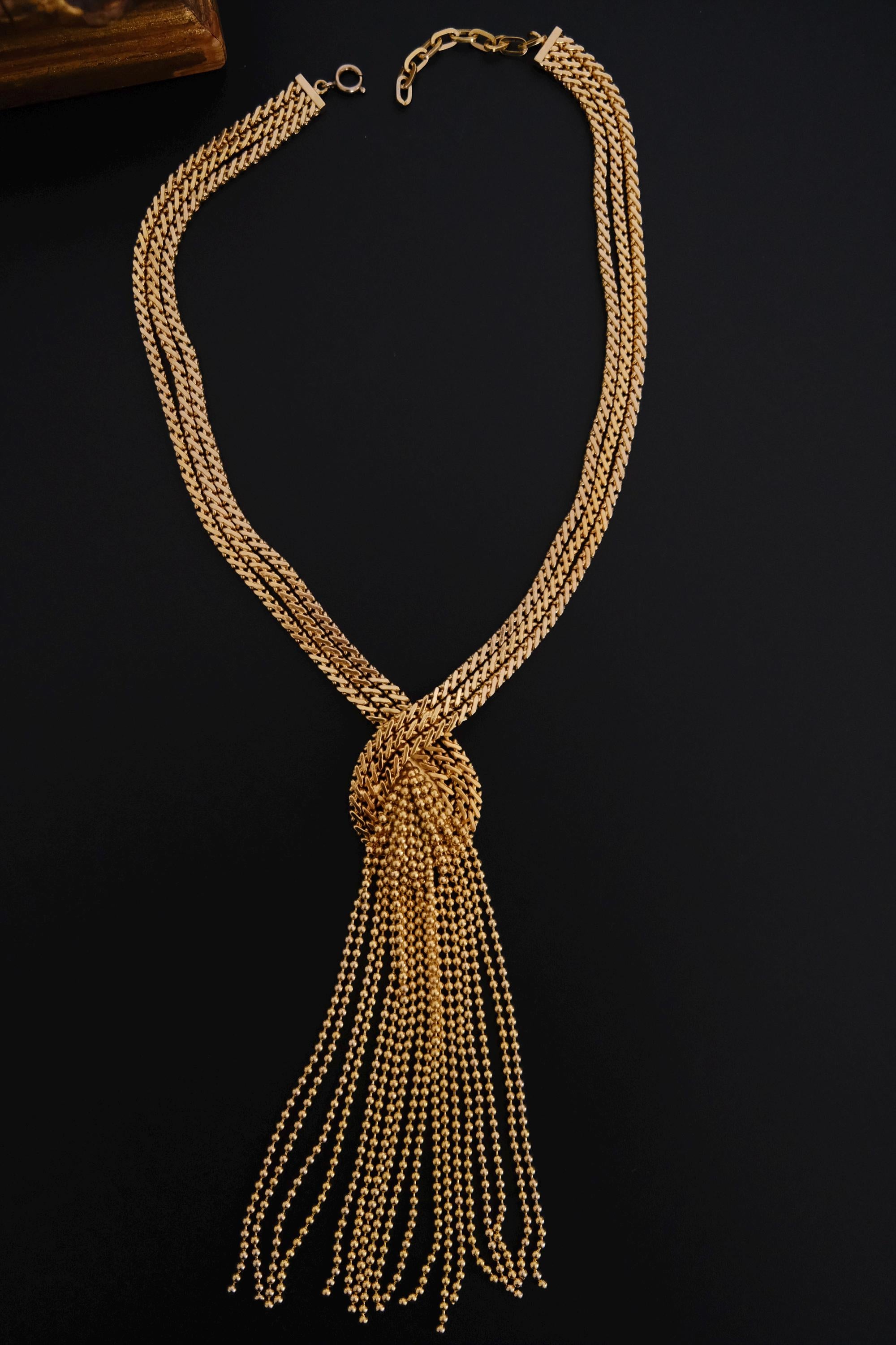 Vintage Christian Dior 1974 gold-tone fringe tassel statement necklace, signed Christian Dior Germany