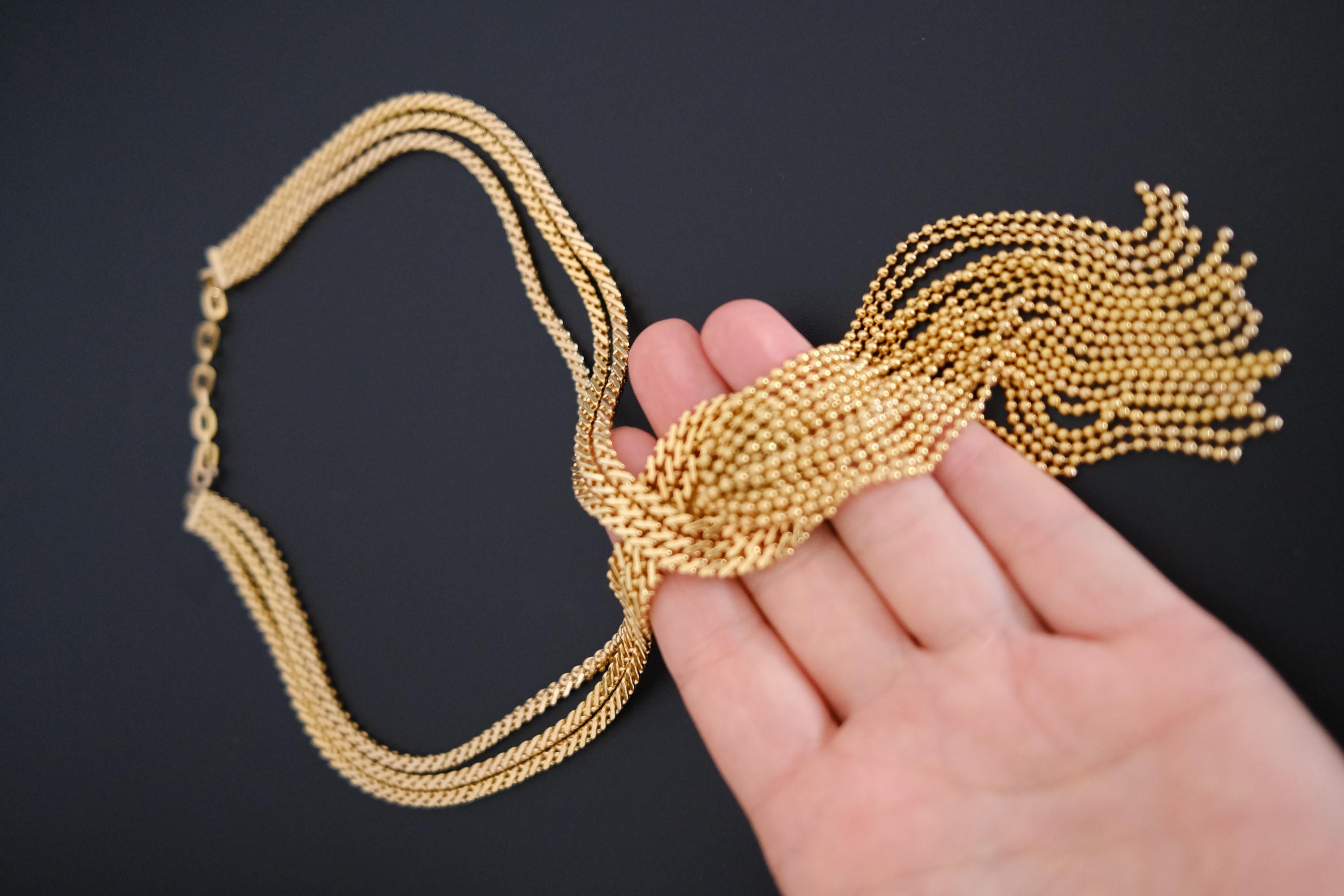 Vintage Christian Dior 1974 Gold Tone Fringe Tassel Necklace Germany Signed