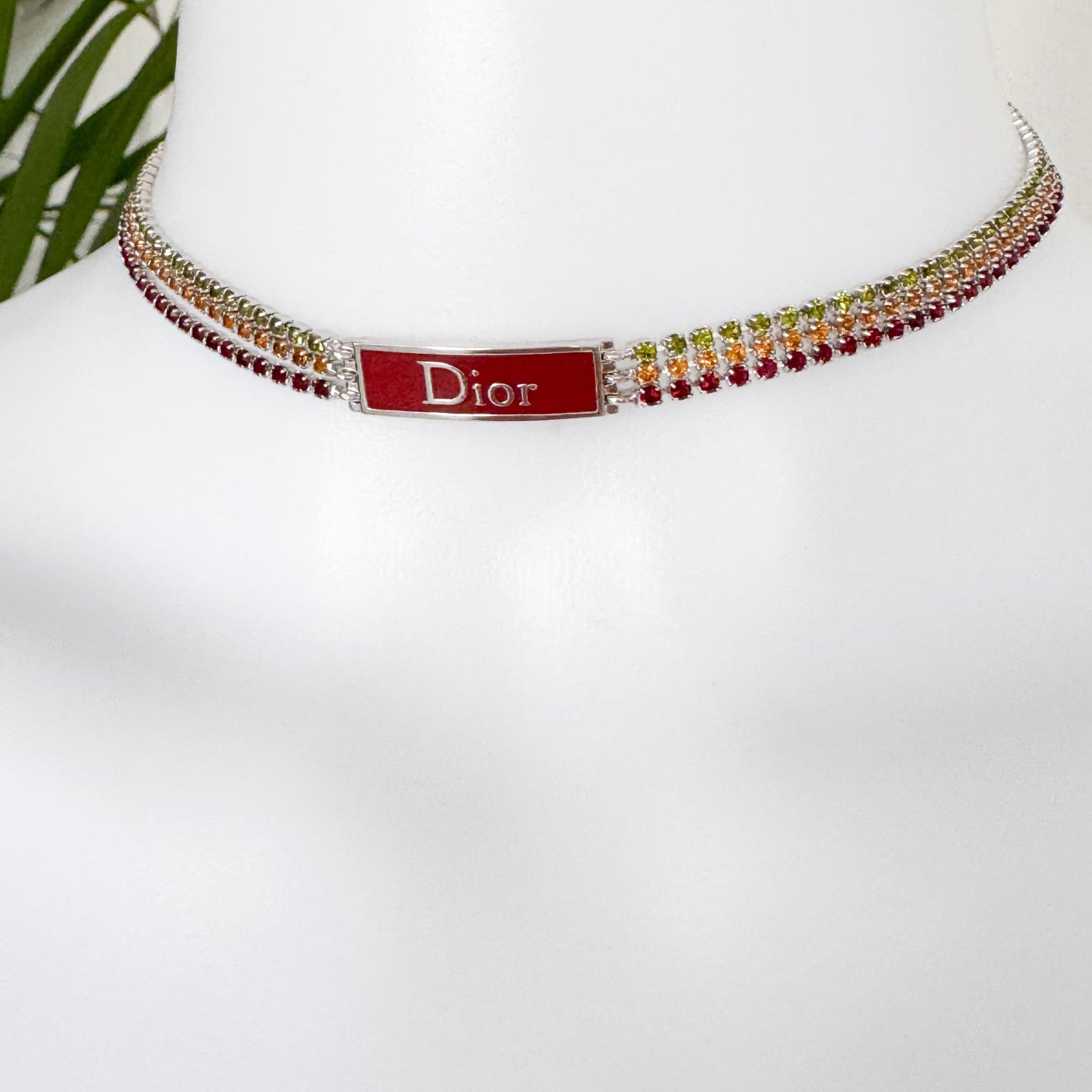 Vintage Christian Dior By John Galliano Rainbow Rhinestone choker necklace, vintage Dior choker red enamel Logo, Dior Id Choker collector