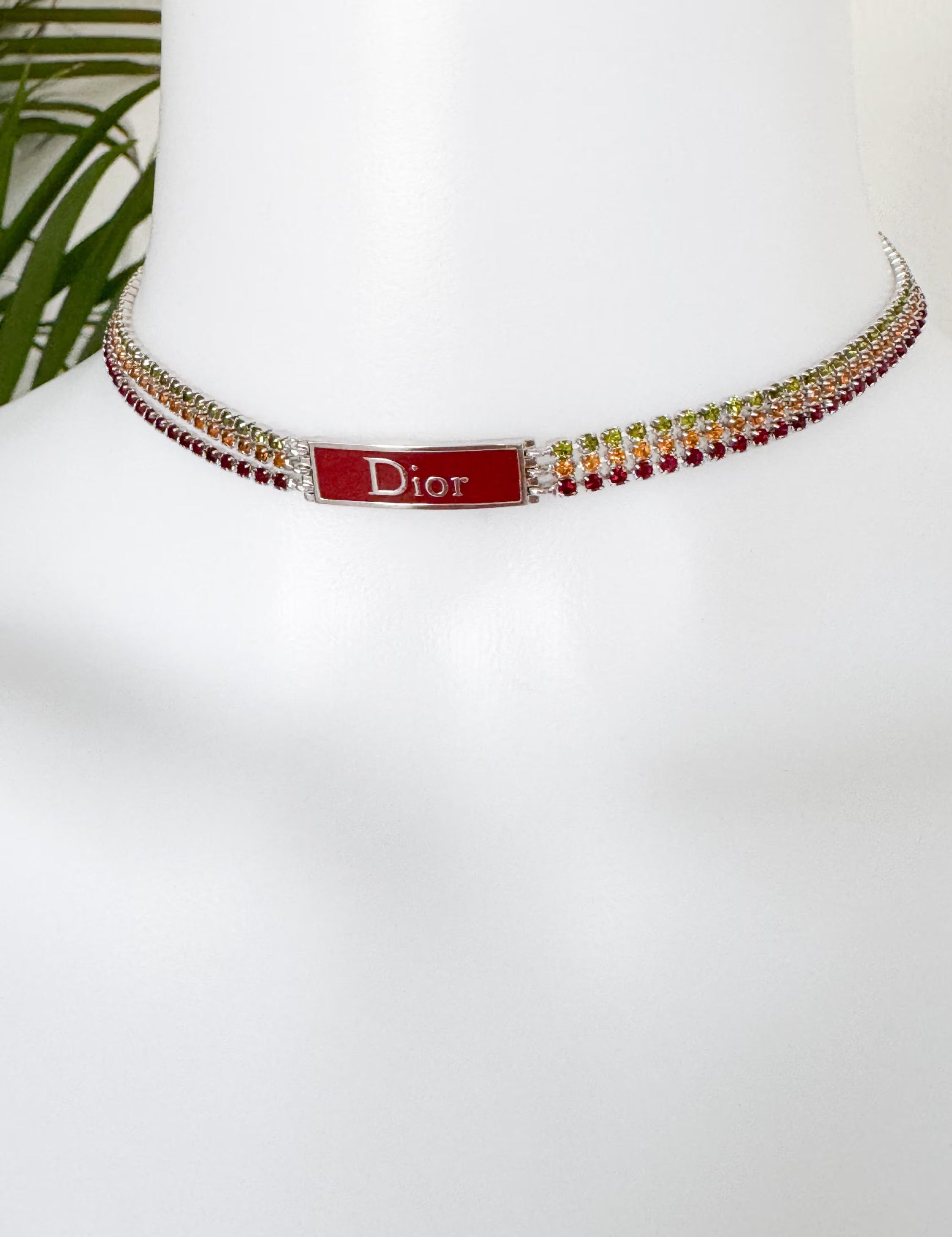Vintage Christian Dior By John Galliano Rainbow Rhinestone choker necklace, vintage Dior choker red enamel Logo, Dior Id Choker collector