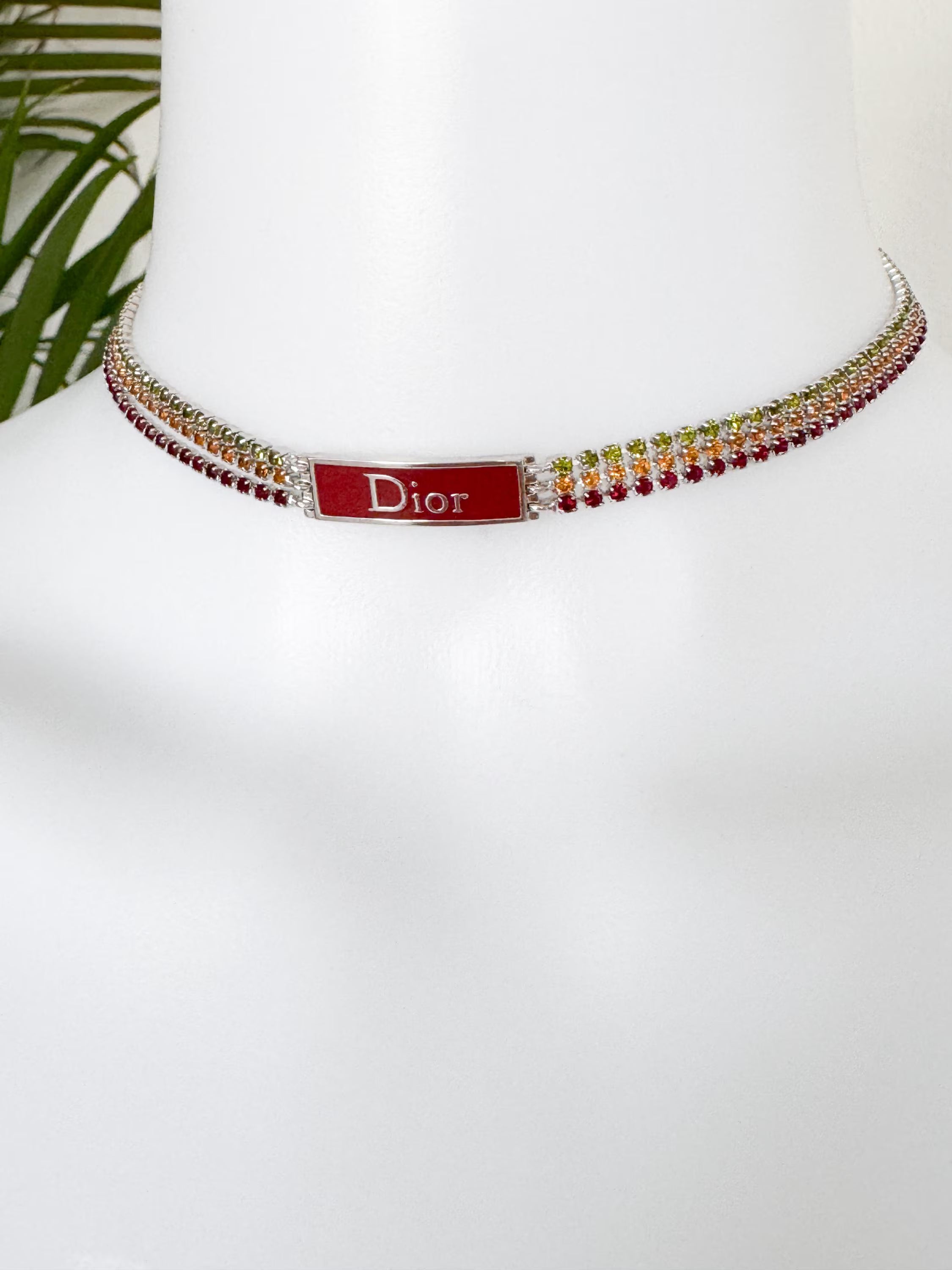 Vintage Christian Dior By John Galliano Rainbow Rhinestone choker necklace, vintage Dior choker red enamel Logo, Dior Id Choker collector