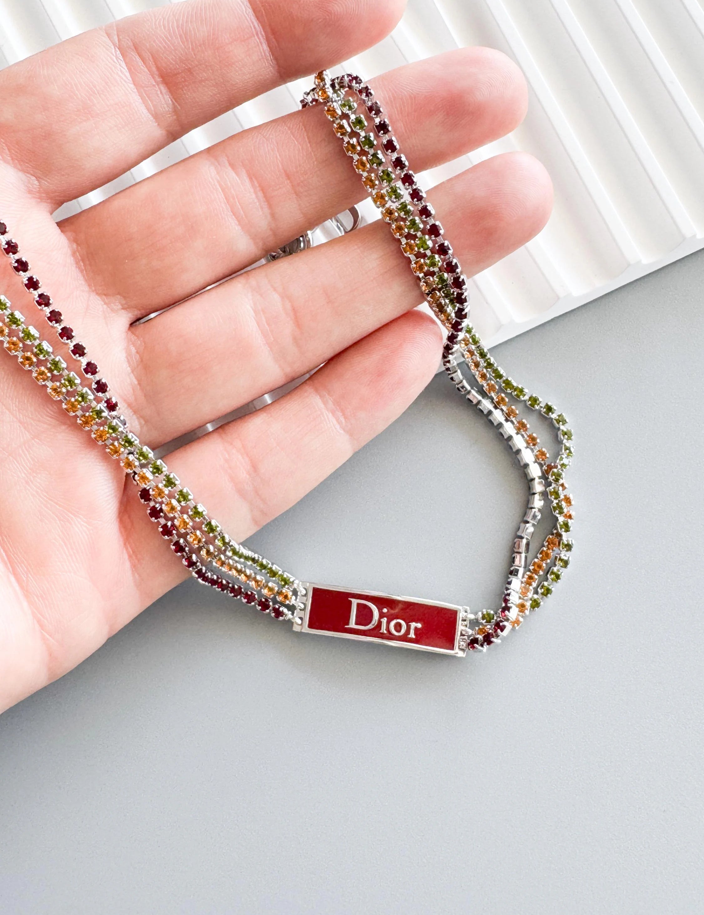 Vintage Christian Dior By John Galliano Rainbow Rhinestone choker necklace, vintage Dior choker red enamel Logo, Dior Id Choker collector