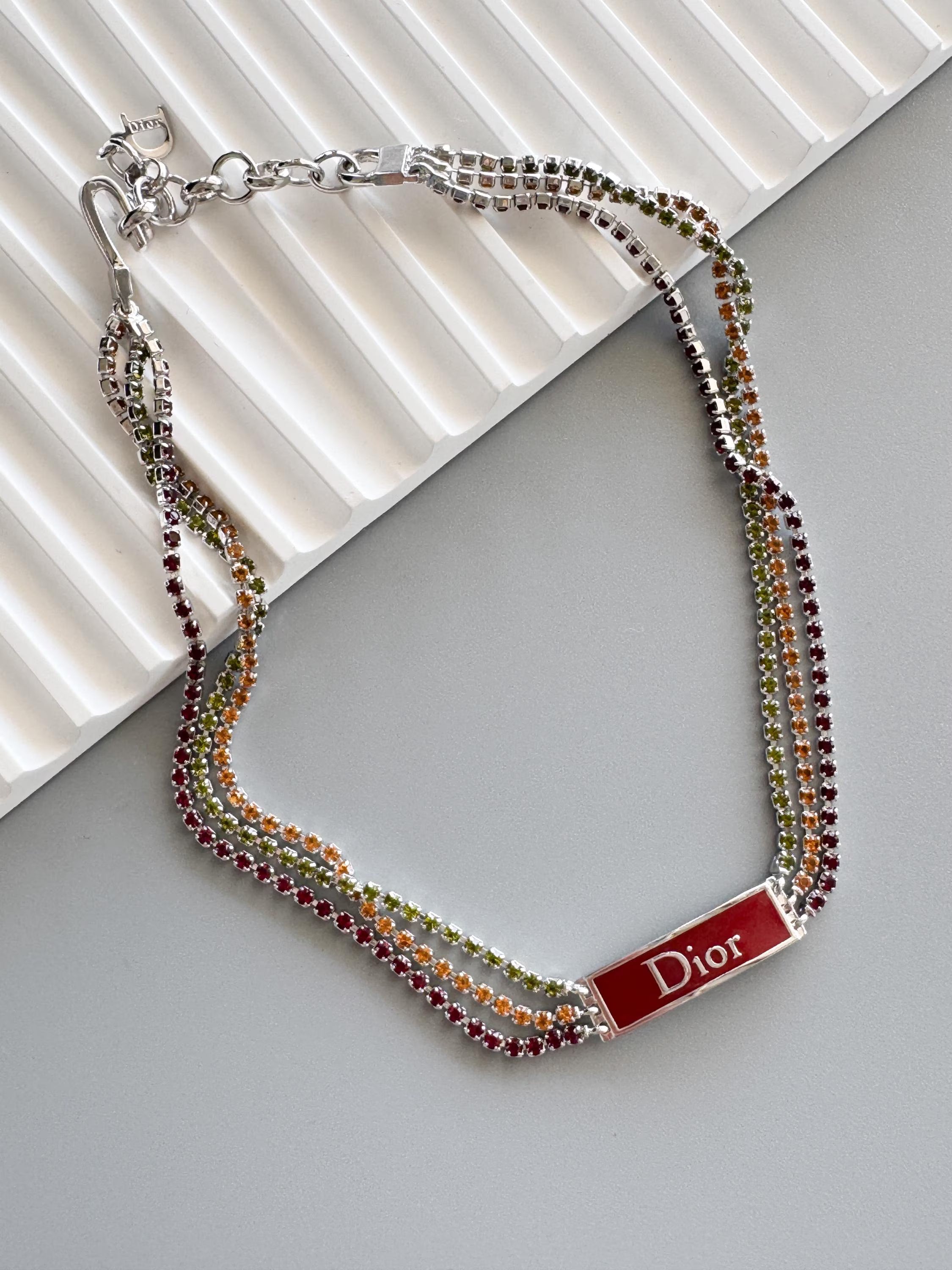 Vintage Christian Dior By John Galliano Rainbow Rhinestone choker necklace, vintage Dior choker red enamel Logo, Dior Id Choker collector