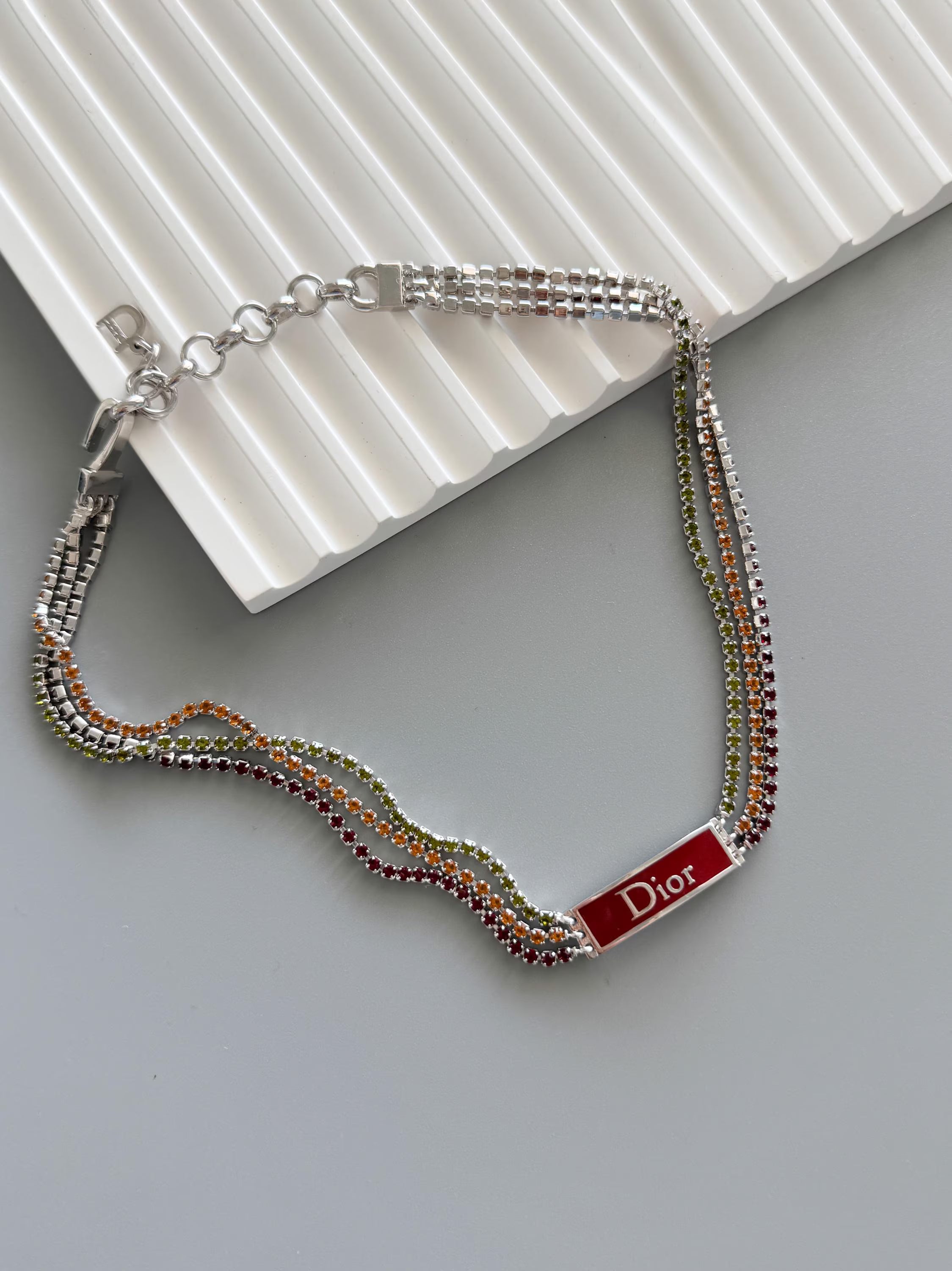 Vintage Christian Dior By John Galliano Rainbow Rhinestone choker necklace, vintage Dior choker red enamel Logo, Dior Id Choker collector