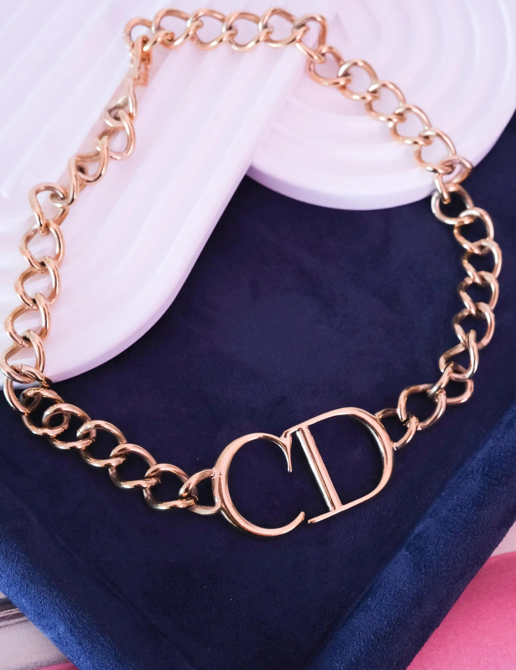 Vintage Christian Dior CD gold choker necklace, chunky curb chain runway style designed by John Galliano, designer jewelry gift for her