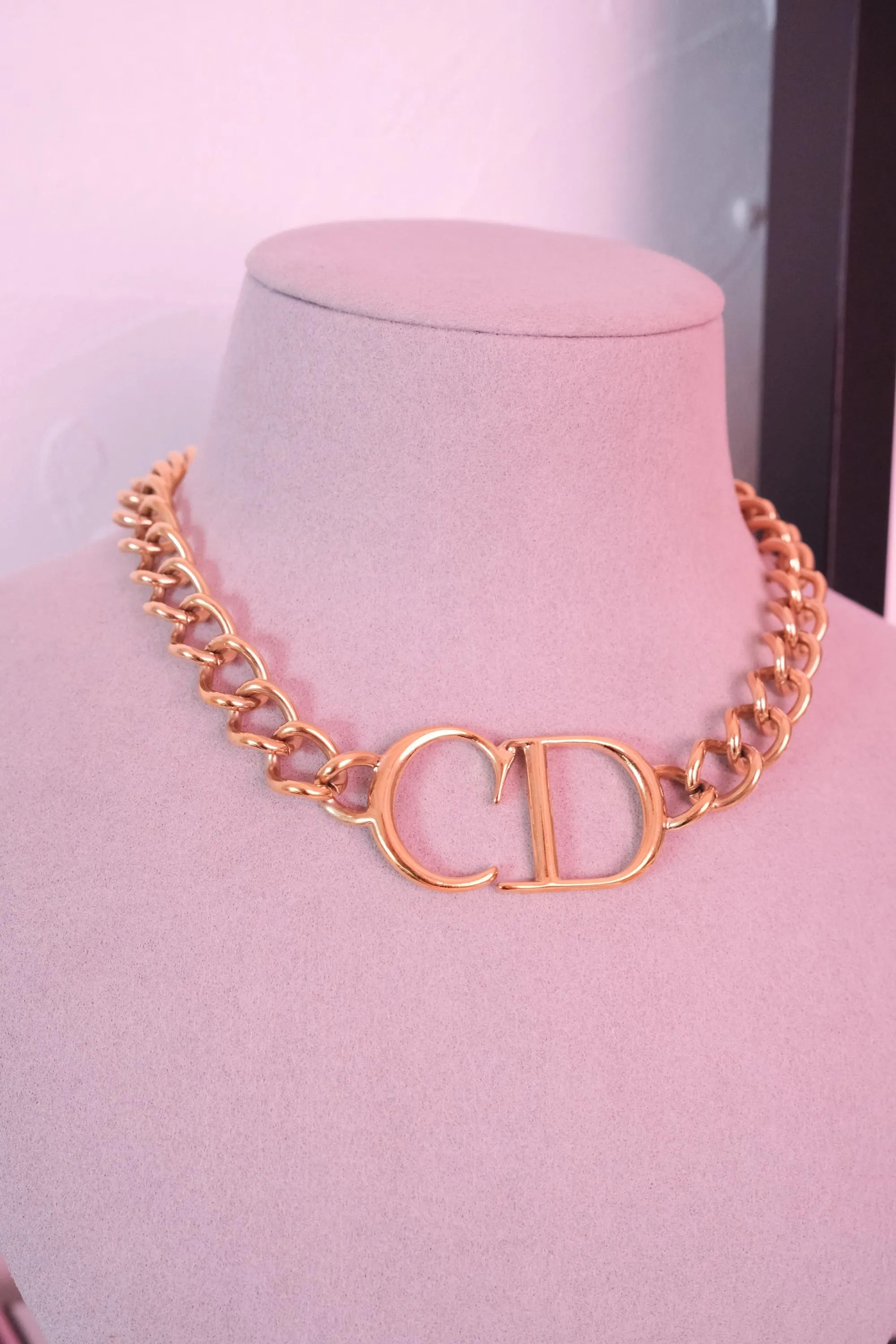 Vintage Christian Dior CD gold choker necklace, chunky curb chain runway style designed by John Galliano, designer jewelry gift for her