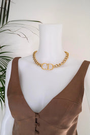 Vintage Christian Dior CD gold choker necklace, chunky curb chain runway style designed by John Galliano, designer jewelry gift for her
