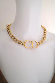 Vintage Christian Dior CD gold choker necklace, chunky curb chain runway style designed by John Galliano, designer jewelry gift for her