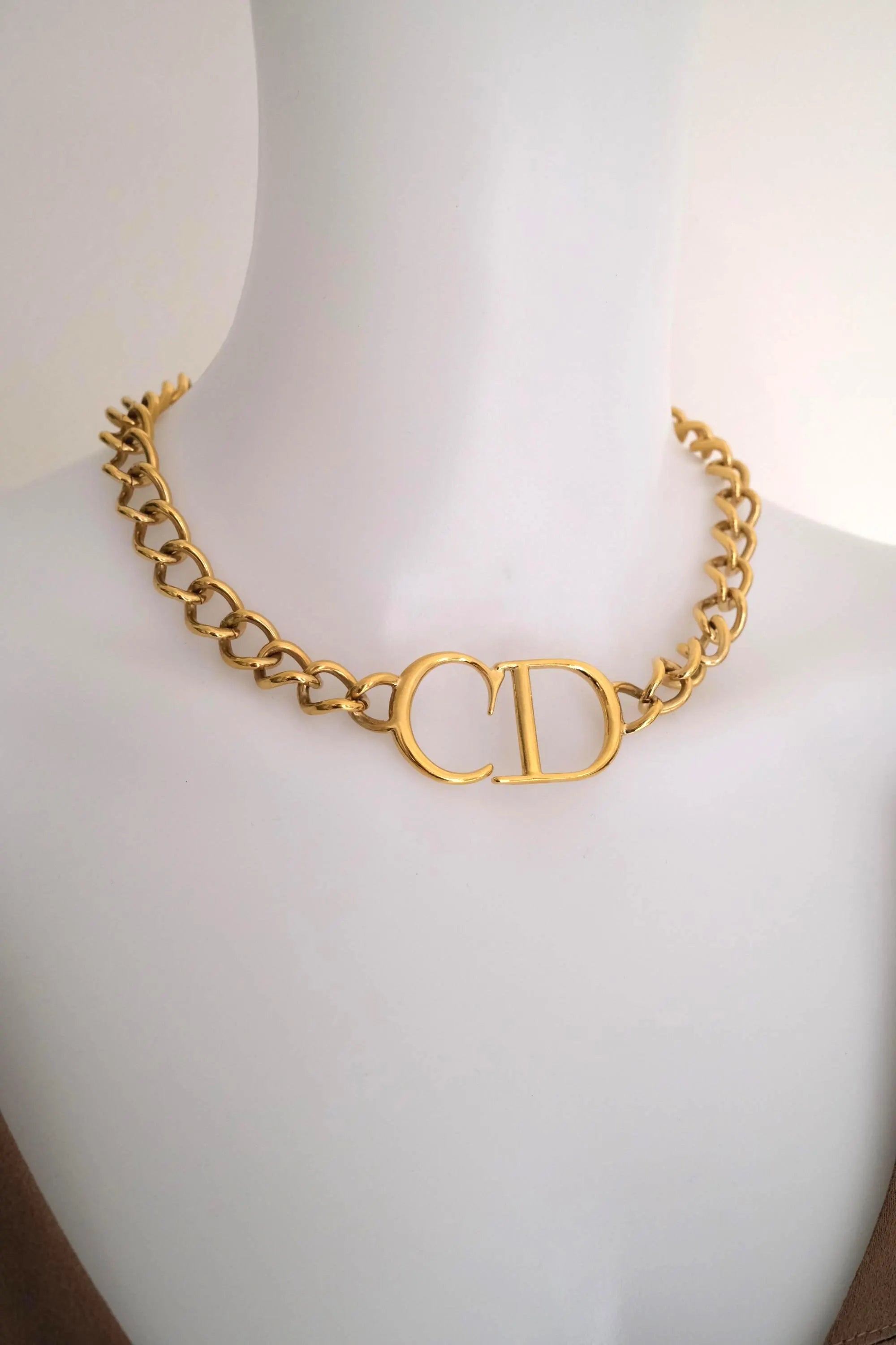 Vintage Christian Dior CD gold choker necklace, chunky curb chain runway style designed by John Galliano, designer jewelry gift for her