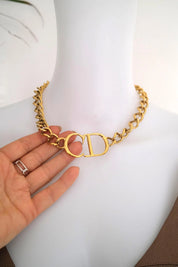 Vintage Christian Dior CD gold choker necklace, chunky curb chain runway style designed by John Galliano, designer jewelry gift for her