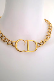 Vintage Christian Dior CD gold choker necklace, chunky curb chain runway style designed by John Galliano, designer jewelry gift for her