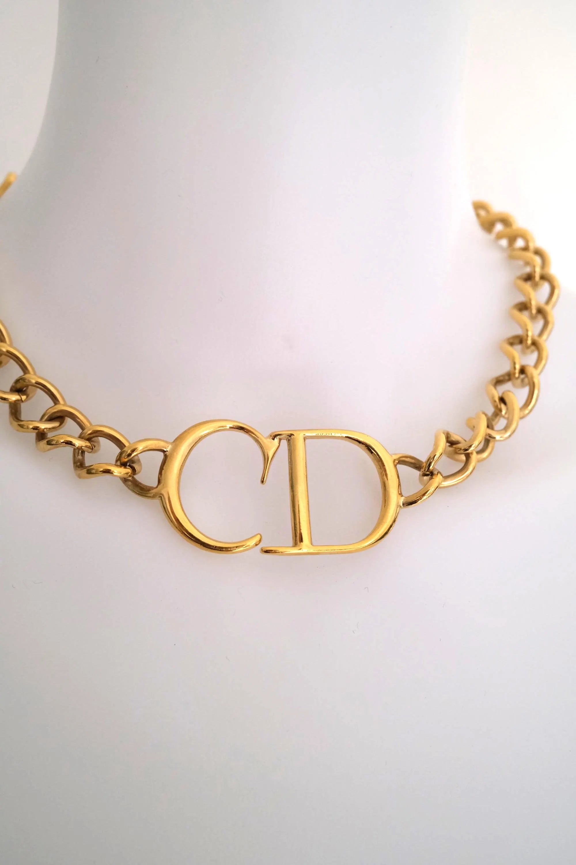Vintage Christian Dior CD gold choker necklace, chunky curb chain runway style designed by John Galliano, designer jewelry gift for her