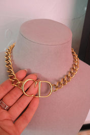 Vintage Christian Dior CD gold choker necklace, chunky curb chain runway style designed by John Galliano, designer jewelry gift for her