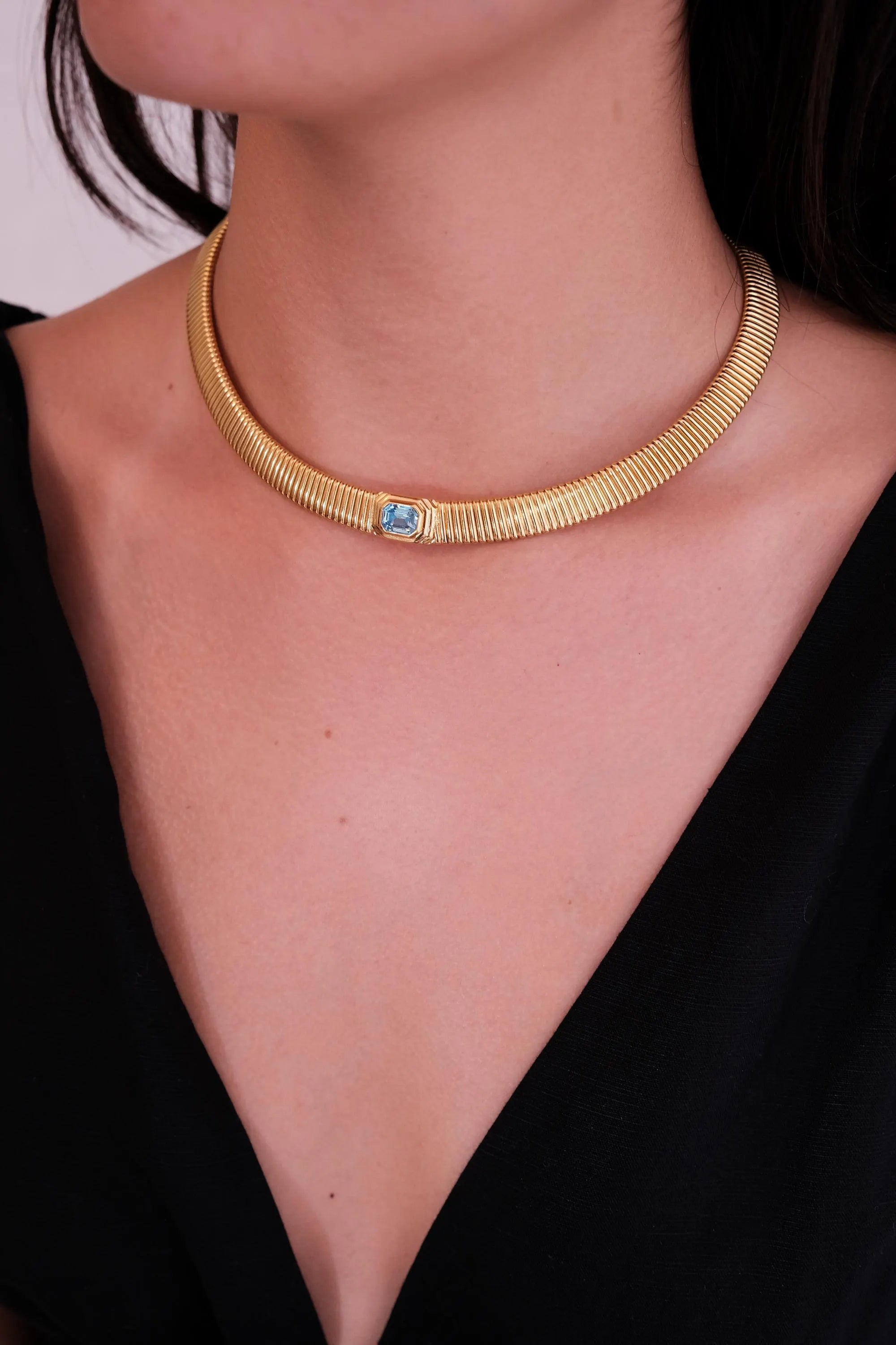 Vintage Christian Dior Choker: Aquamarine Crystal Gold-Tone Necklace