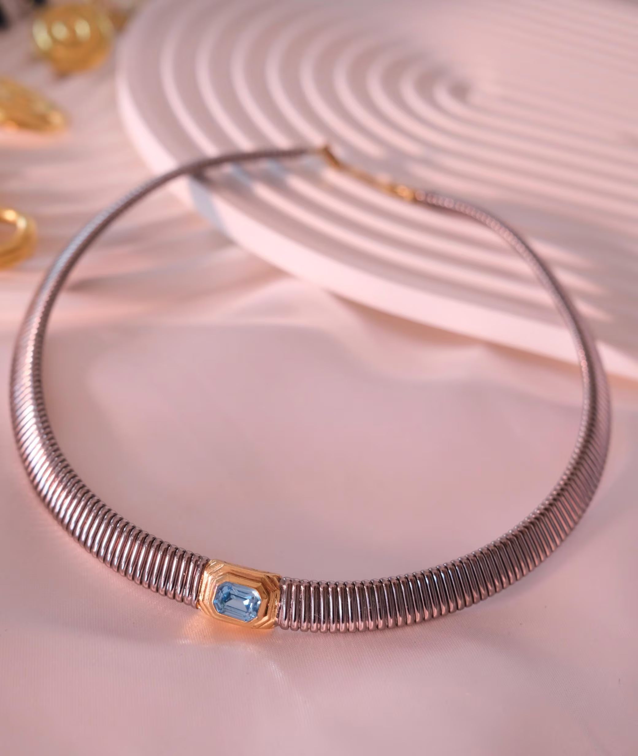 Rare Vintage Christian Dior choker necklace with aquamarine blue crystal, 42 cm length, collectible designer jewelry