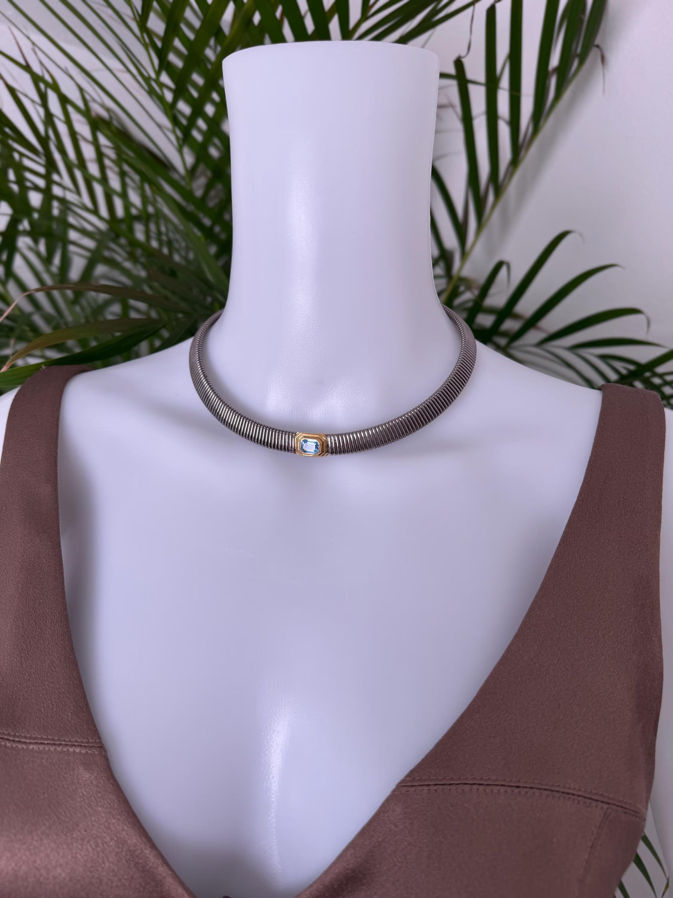 Rare Vintage Christian Dior choker necklace with aquamarine blue crystal, 42 cm length, collectible designer jewelry