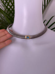 Rare Vintage Christian Dior choker necklace with aquamarine blue crystal, 42 cm length, collectible designer jewelry