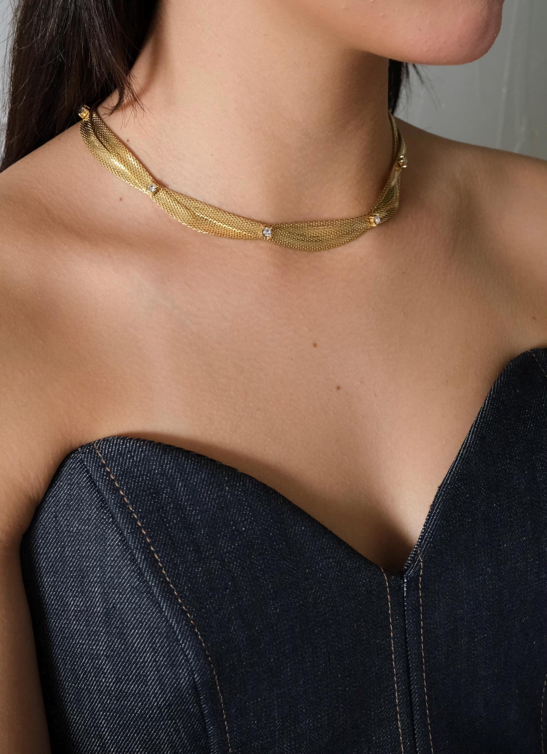 Vintage Christian Dior gold plated choker necklace, snake chain design, crystal accents, made in Germany 1968