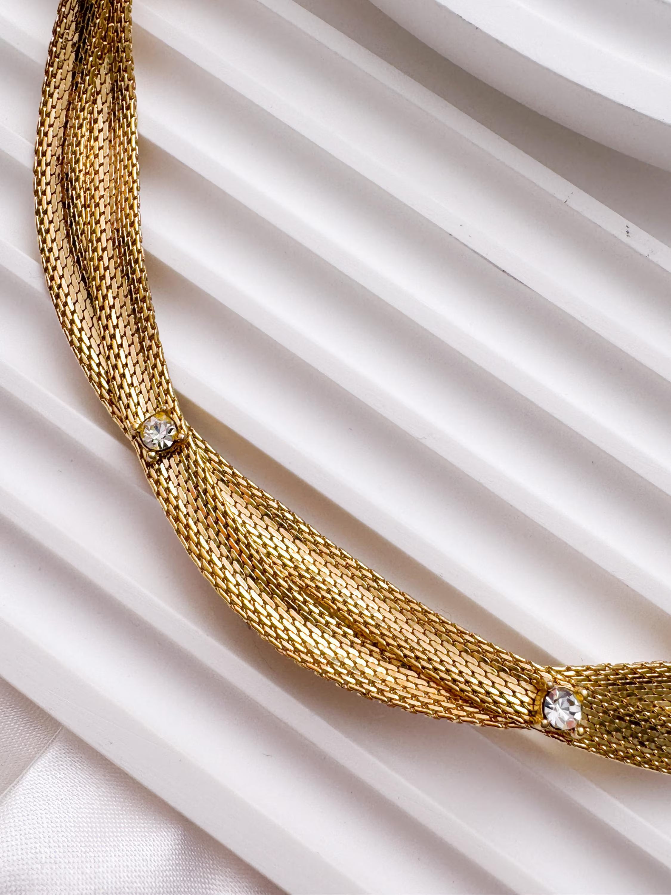 Vintage Christian Dior gold plated choker necklace, snake chain design, crystal accents, made in Germany 1968