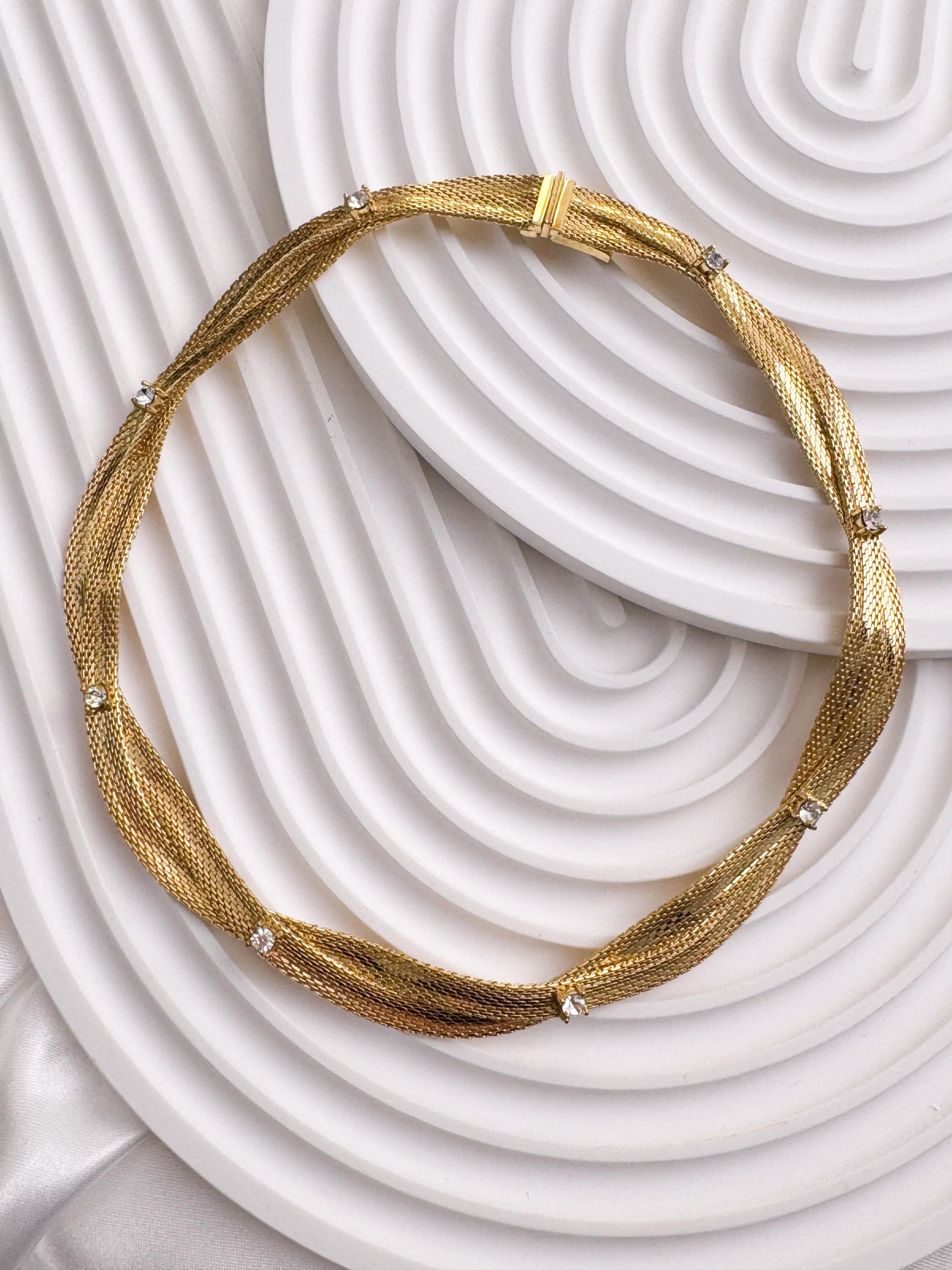 Vintage Christian Dior gold plated choker necklace, snake chain design, crystal accents, made in Germany 1968