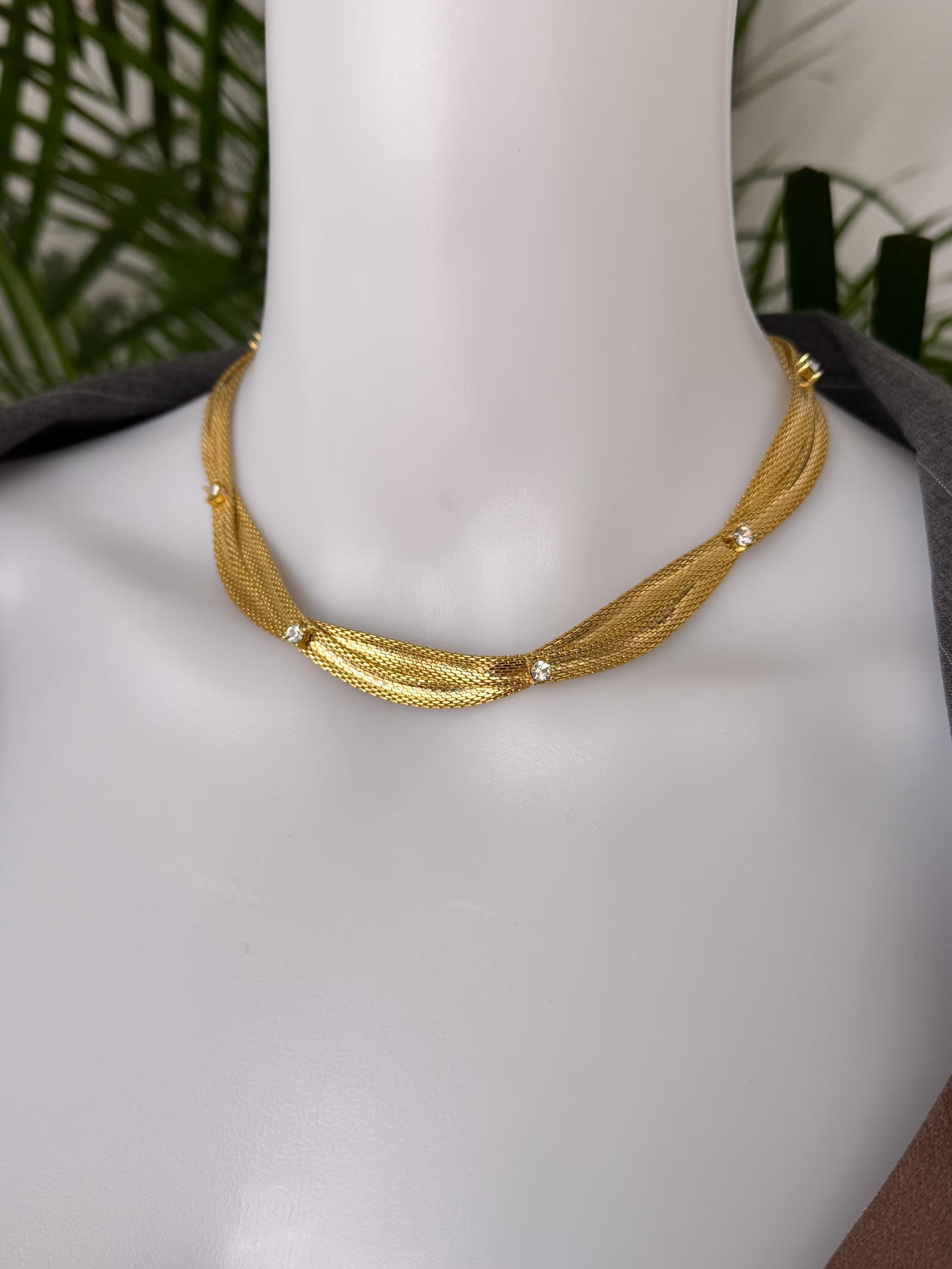 Vintage Christian Dior gold plated choker necklace, snake chain design, crystal accents, made in Germany 1968