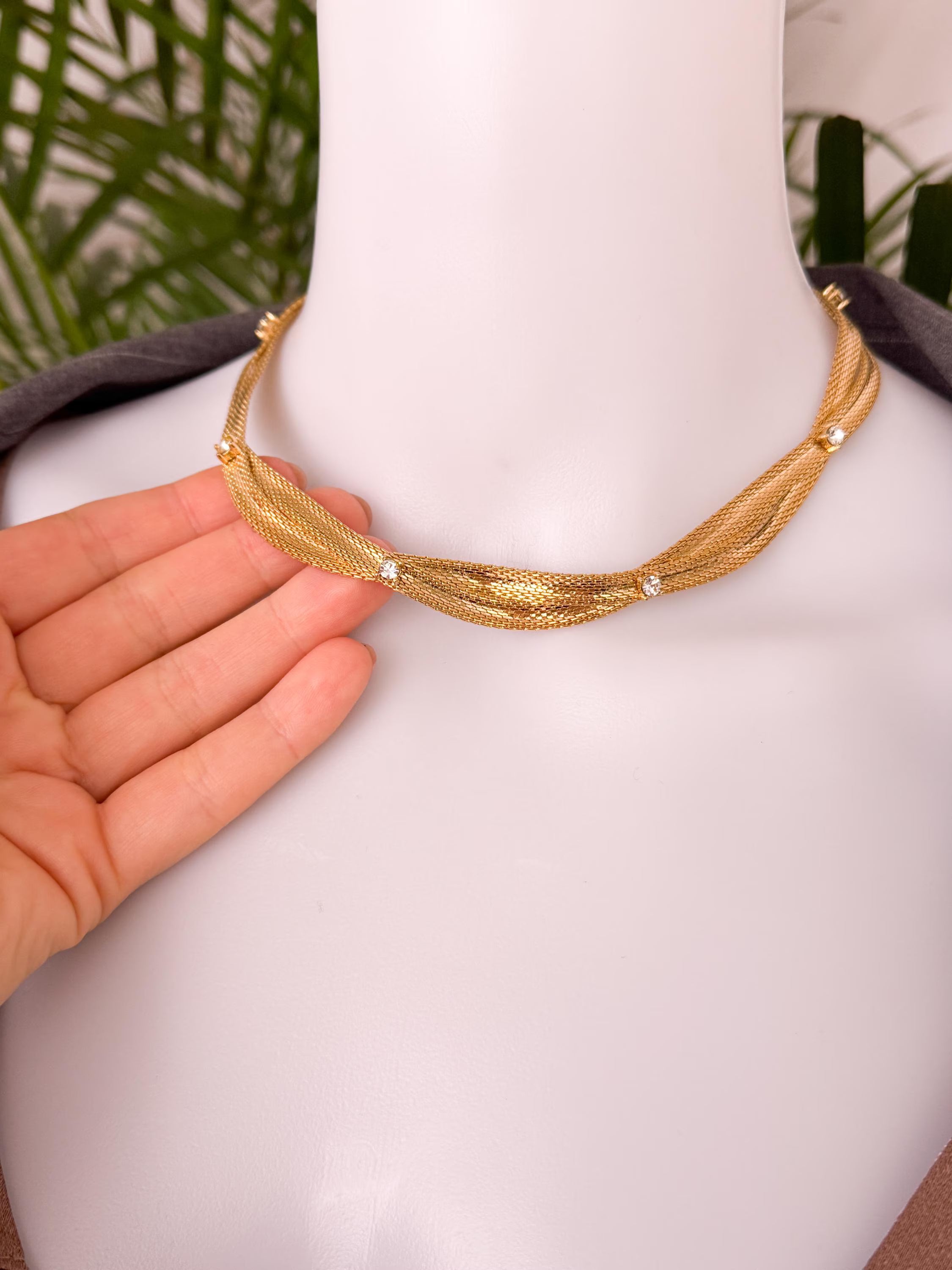 Vintage Christian Dior gold plated choker necklace, snake chain design, crystal accents, made in Germany 1968