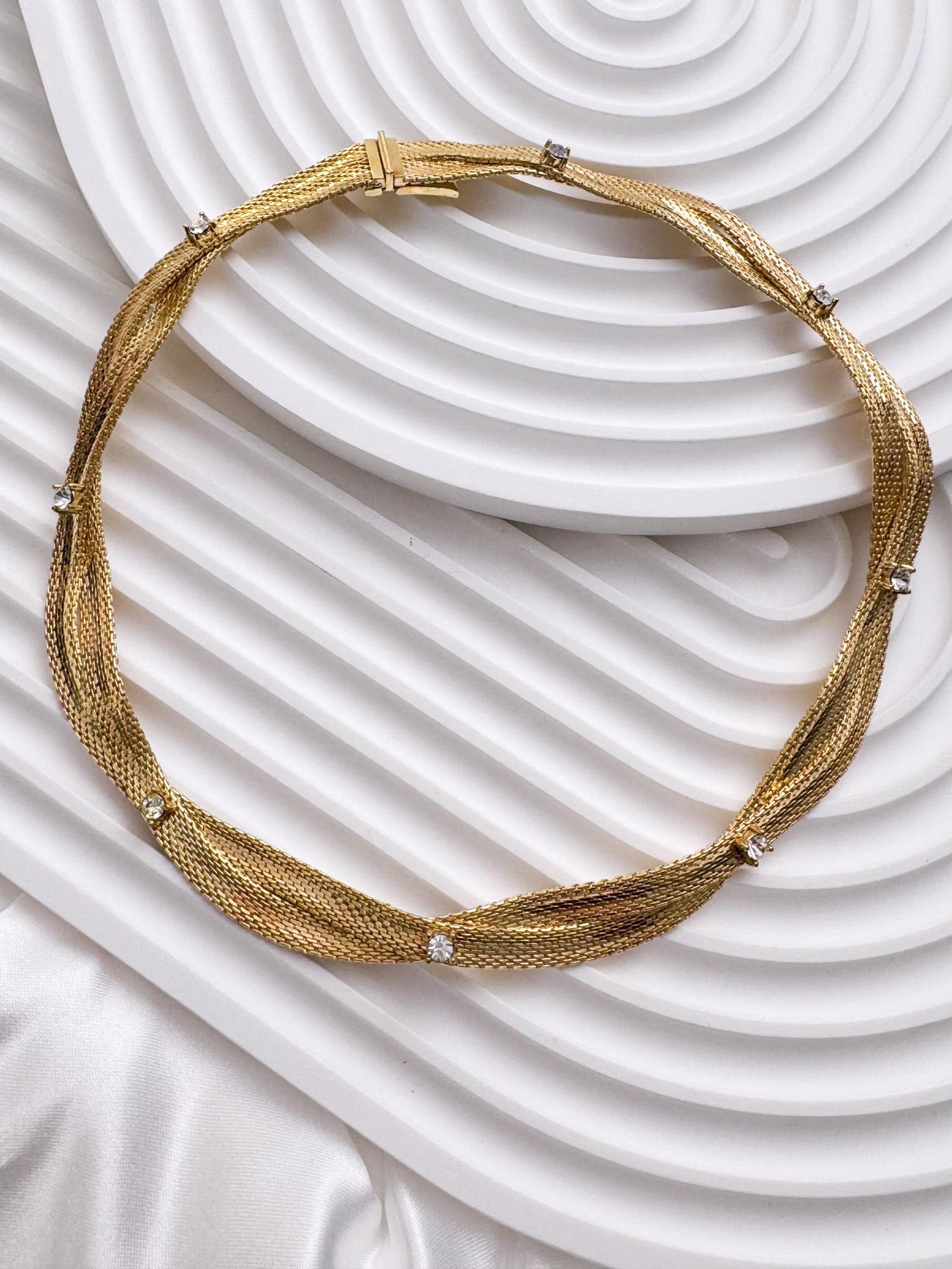 Vintage Christian Dior gold plated choker necklace, snake chain design, crystal accents, made in Germany 1968