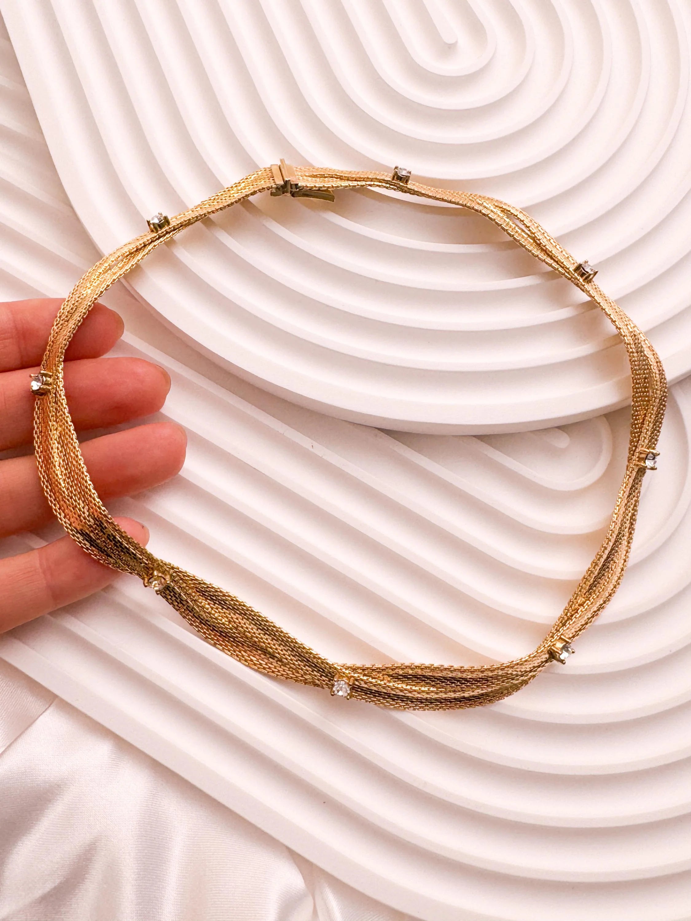 Vintage Christian Dior gold plated choker necklace, snake chain design, crystal accents, made in Germany 1968