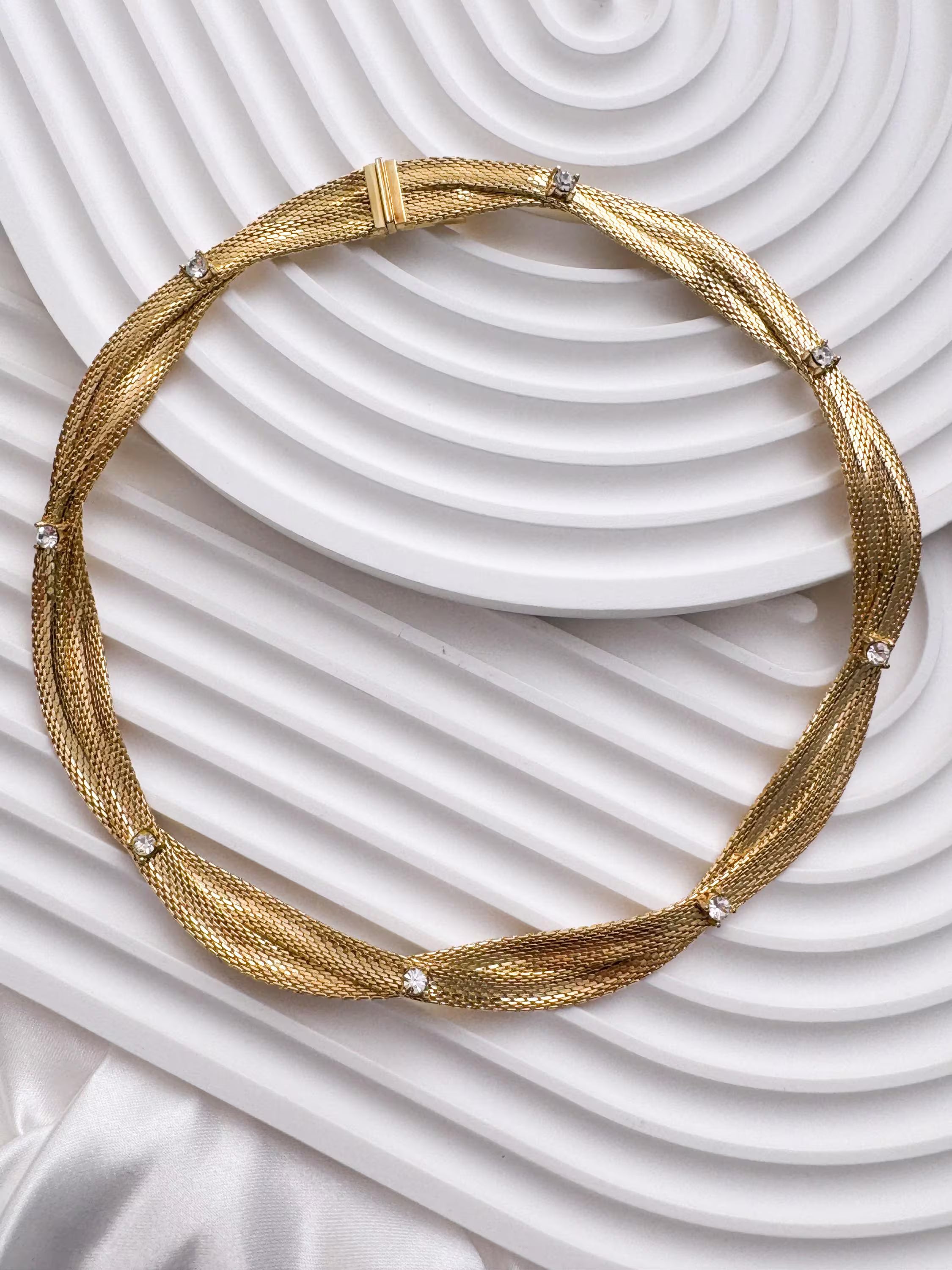 Vintage Christian Dior gold plated choker necklace, snake chain design, crystal accents, made in Germany 1968