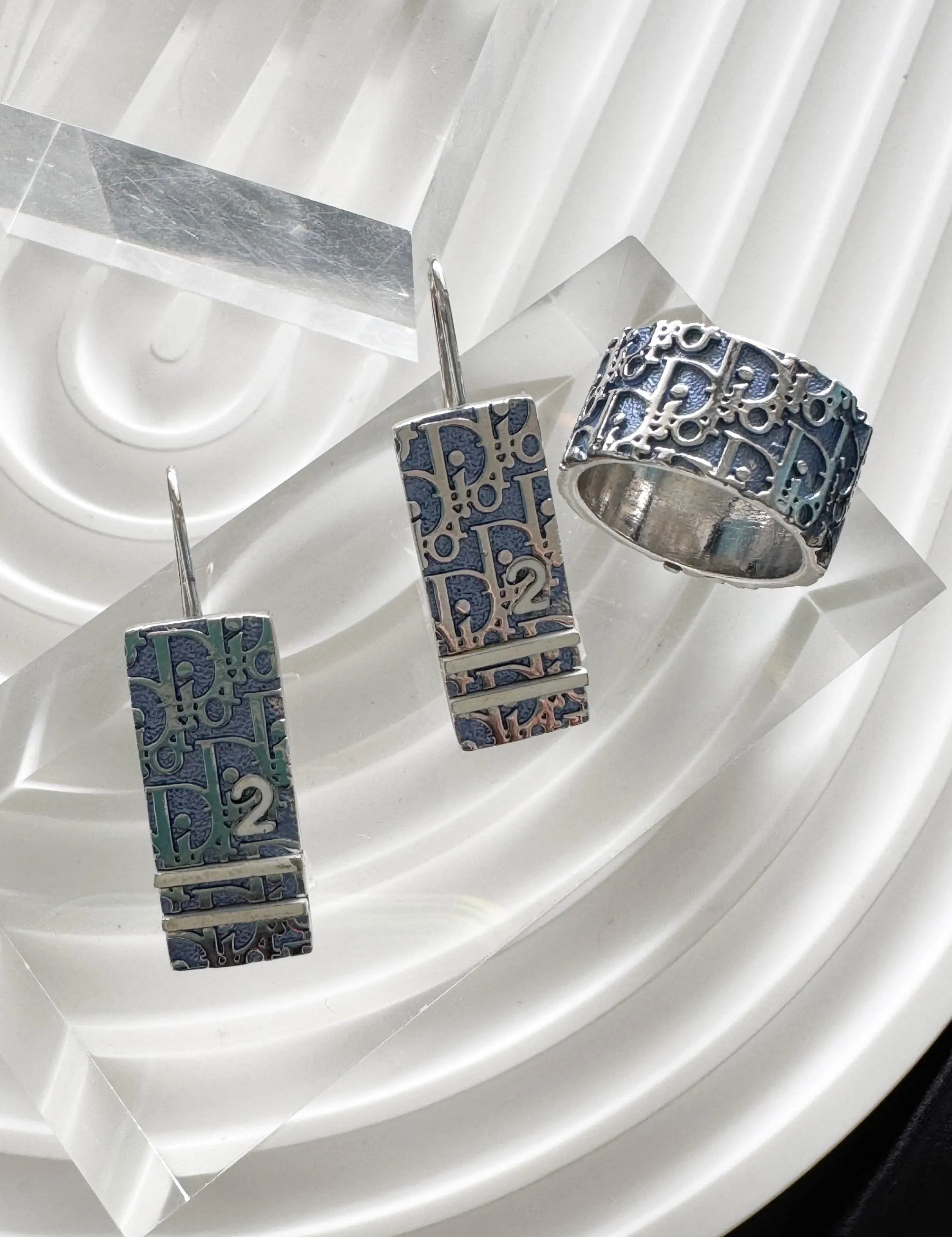 Vintage Christian Dior Earrings and Ring Set, dior jewelry set, 1980s dior, signed dior, collectible dior, dior logo ring