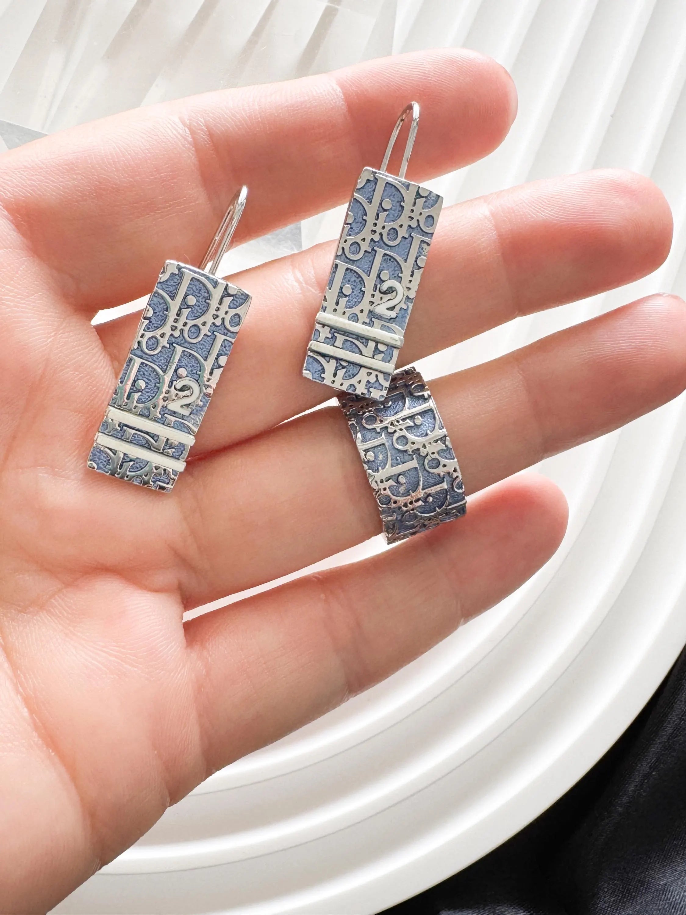 Vintage Christian Dior Earrings and Ring Set, dior jewelry set, 1980s dior, signed dior, collectible dior, dior logo ring