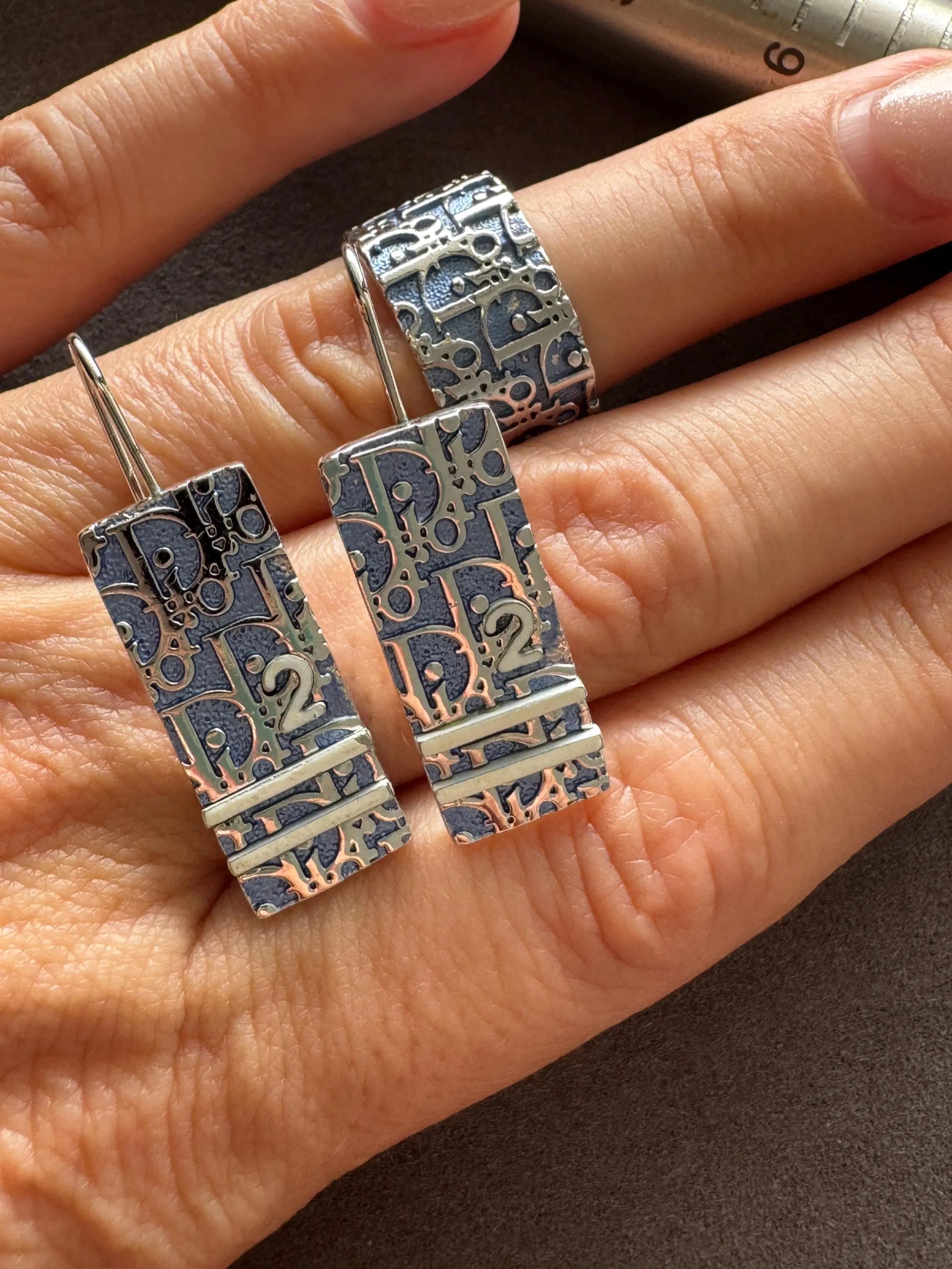 Vintage Christian Dior Earrings and Ring Set, dior jewelry set, 1980s dior, signed dior, collectible dior, dior logo ring