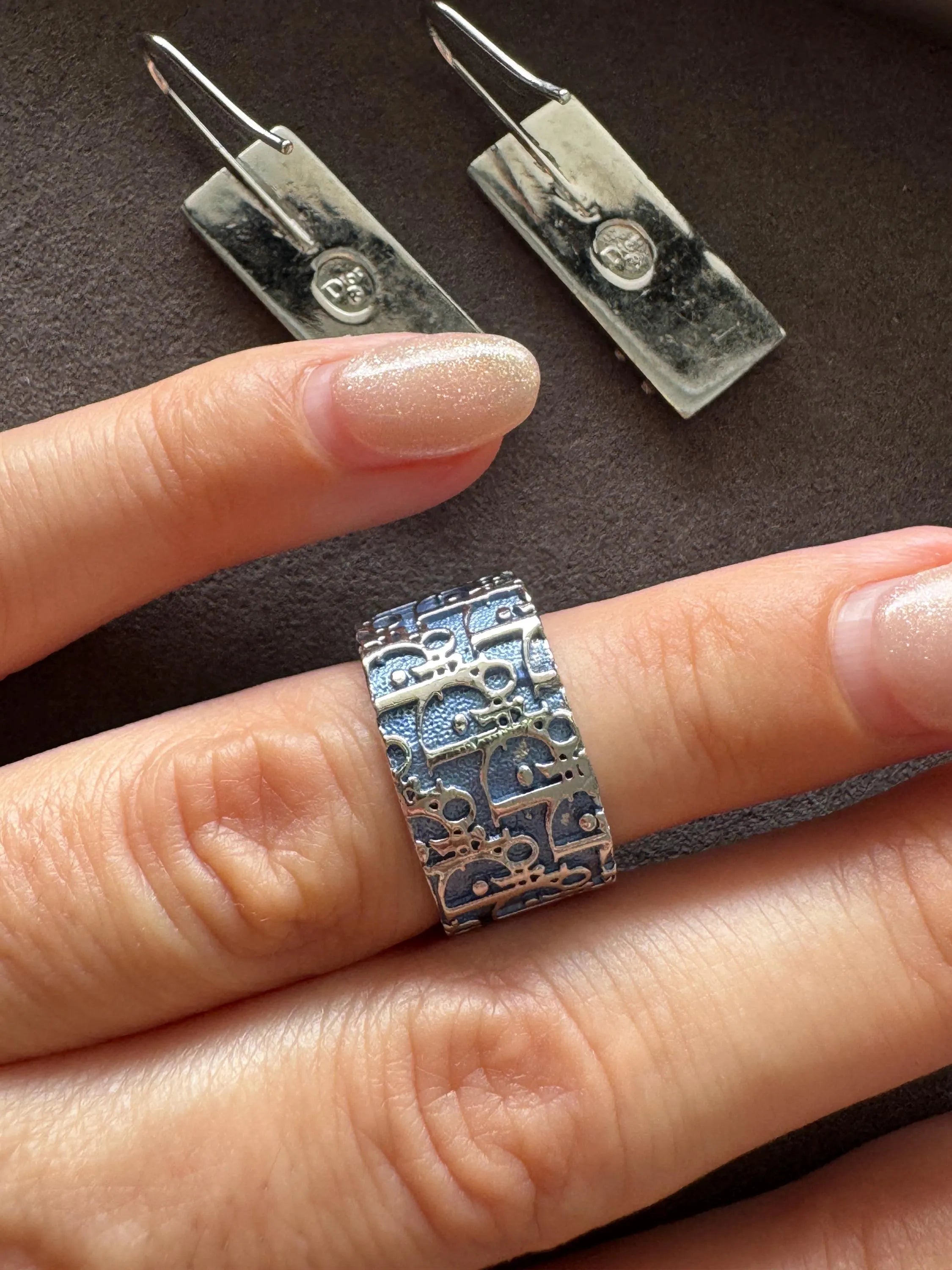 Vintage Christian Dior Earrings and Ring Set, dior jewelry set, 1980s dior, signed dior, collectible dior, dior logo ring