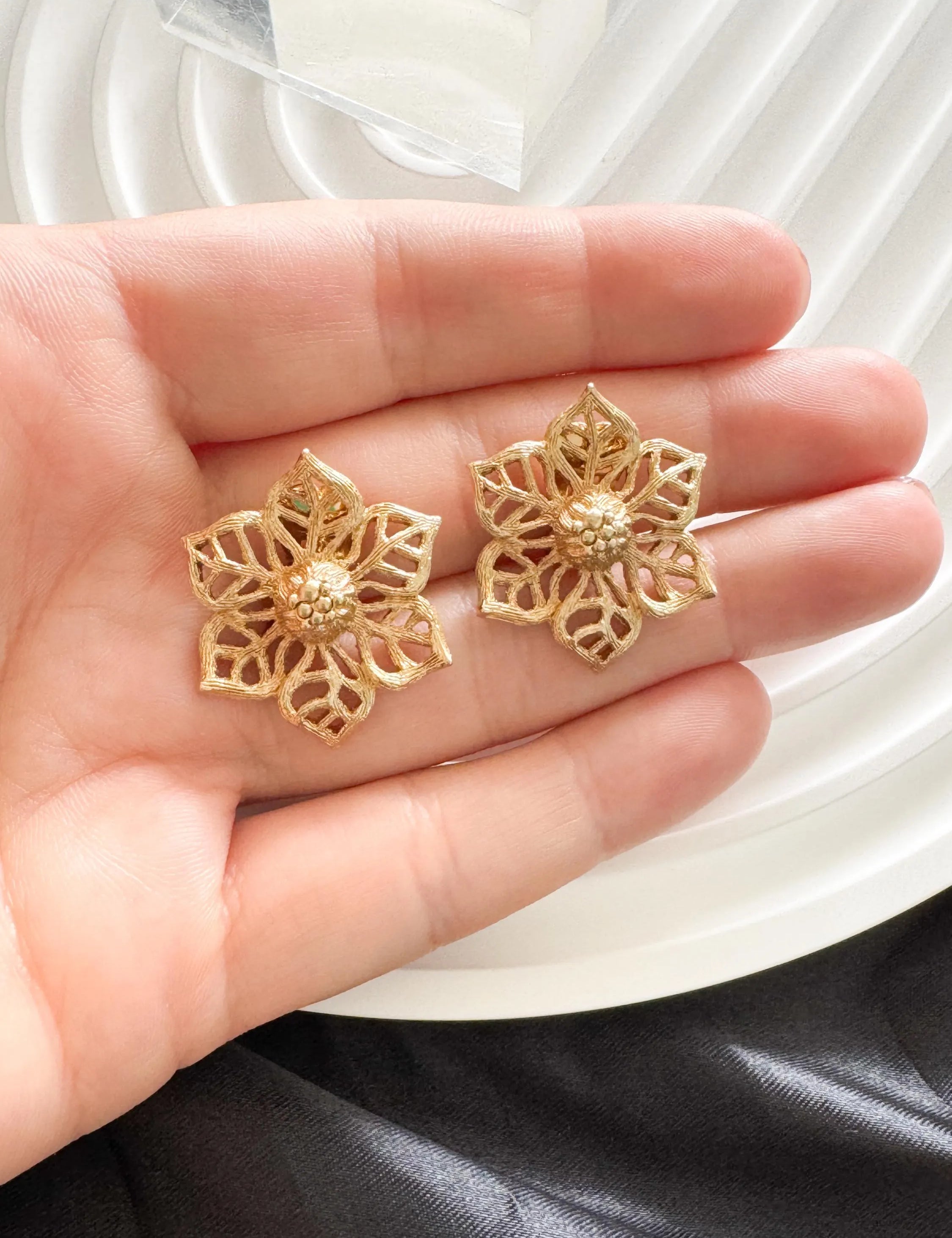 Vintage Christian Dior Gold Flower Earrings: Signed Germany, Clip-Ons