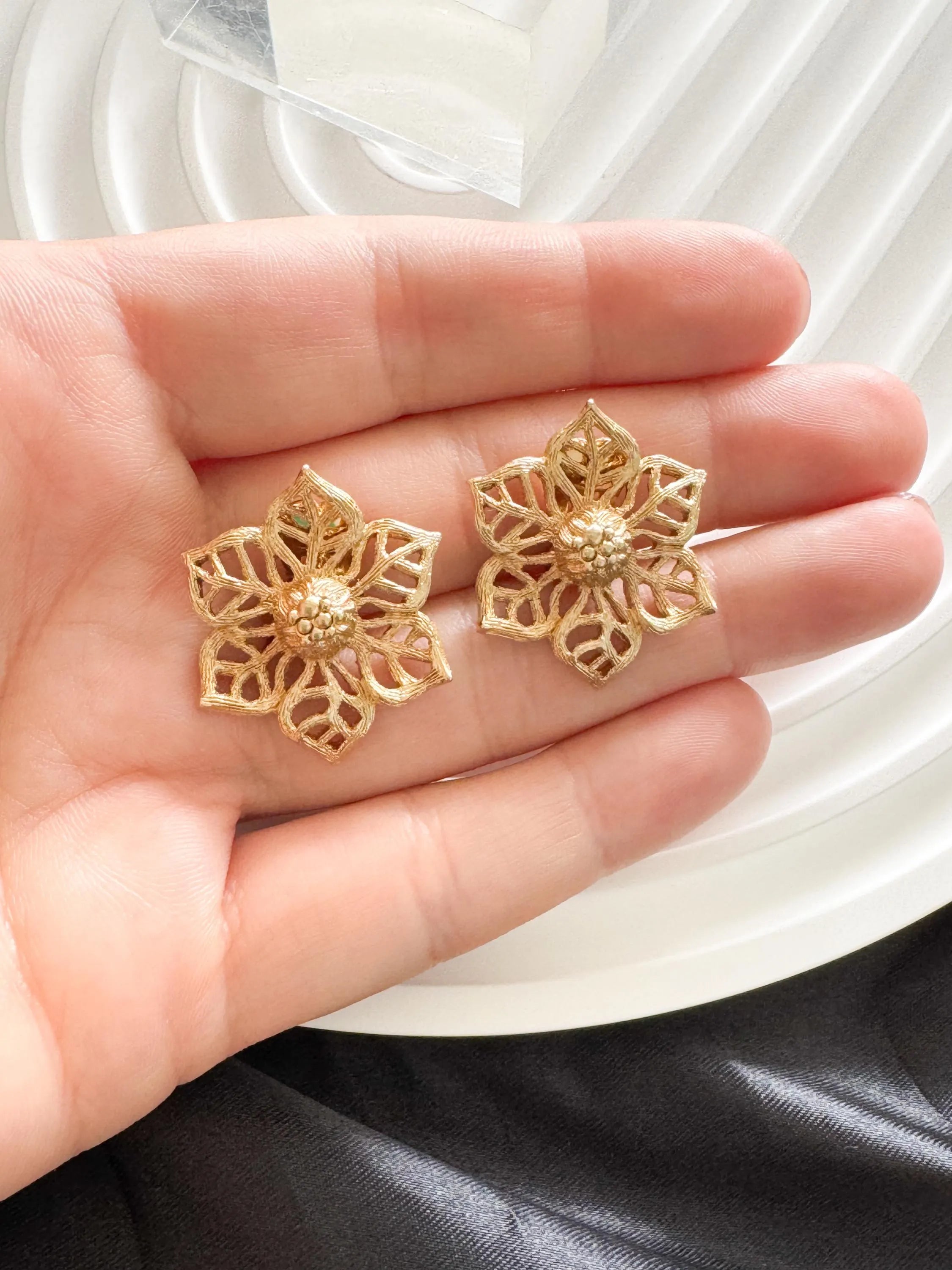 Vintage Christian Dior Gold Flower Earrings: Signed Germany, Clip-Ons
