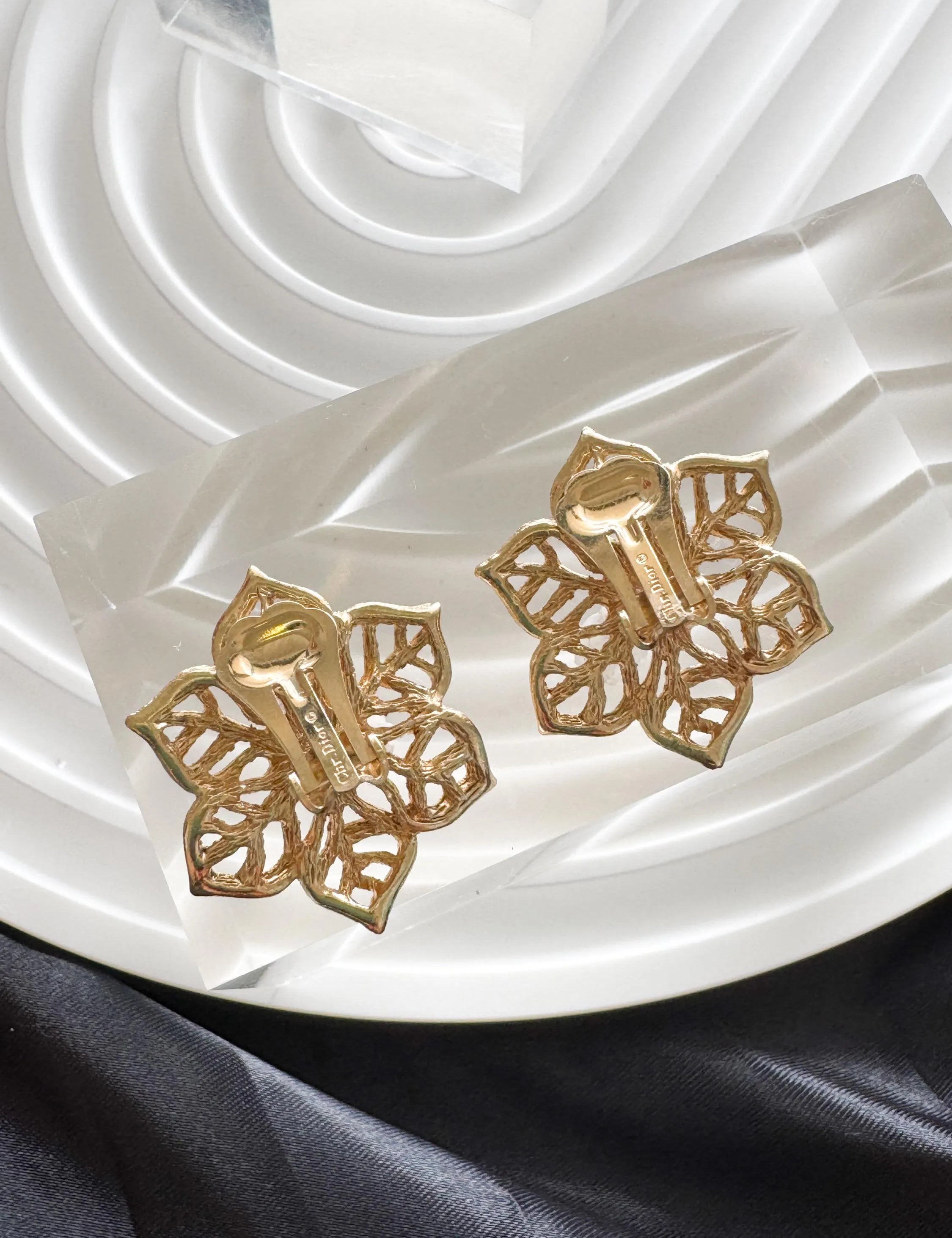 Vintage Christian Dior Gold Flower Earrings: Signed Germany, Clip-Ons