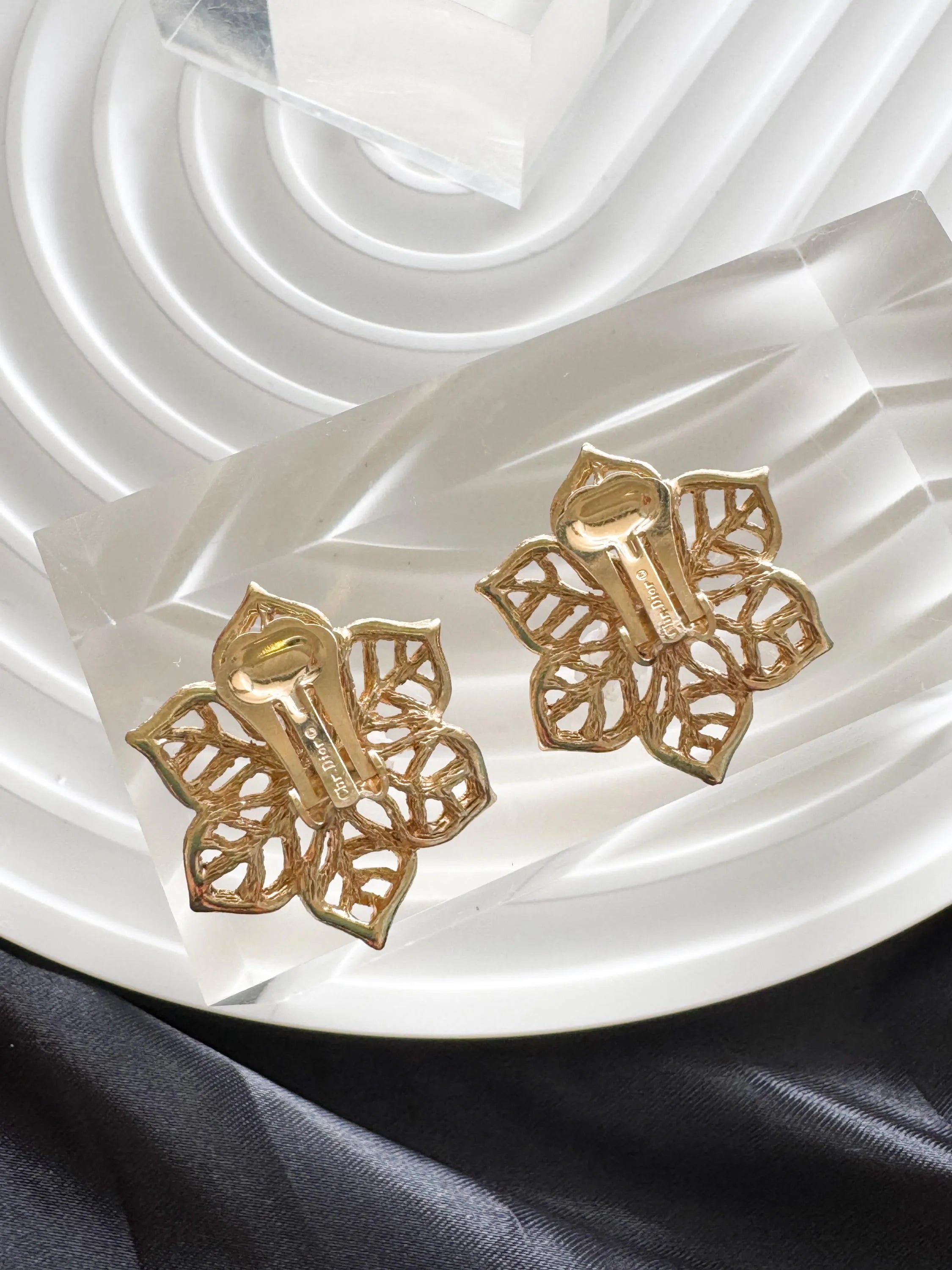 Vintage Christian Dior Gold Flower Earrings: Signed Germany, Clip-Ons
