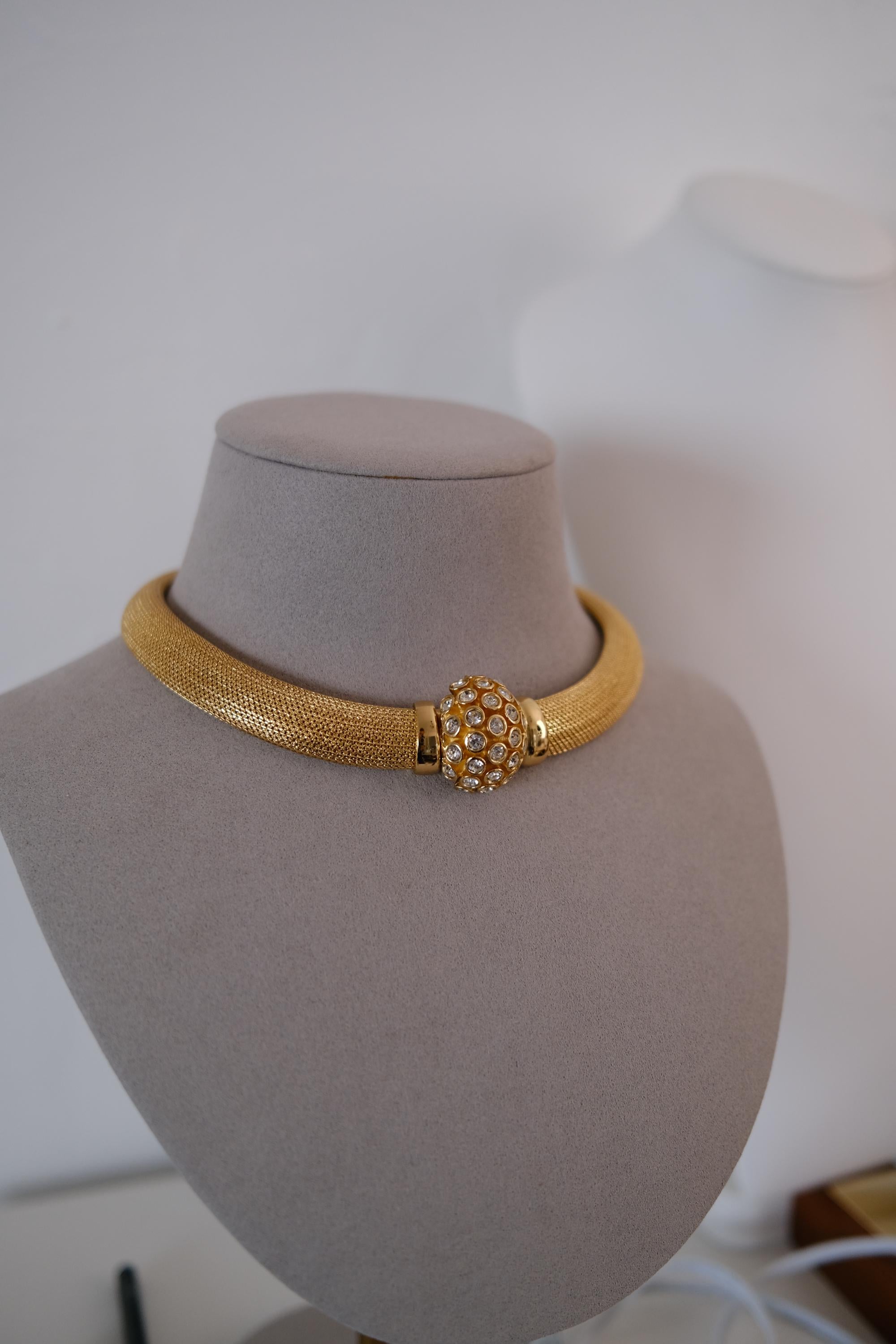 Vintage Christian Dior gold-tone collar choker necklace with crystal-set domed front clasp