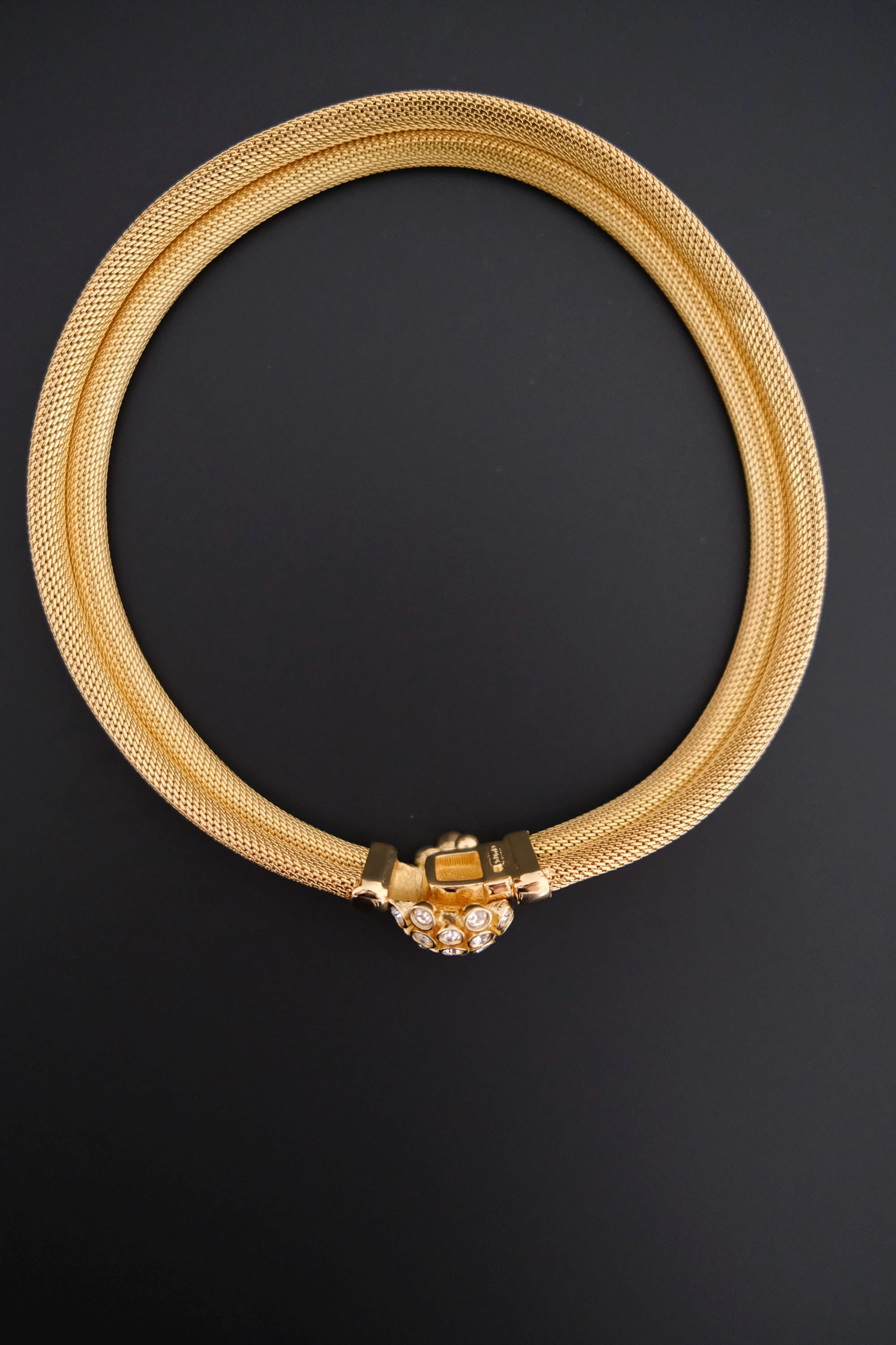 Vintage Christian Dior gold-tone collar choker necklace with crystal-set domed front clasp