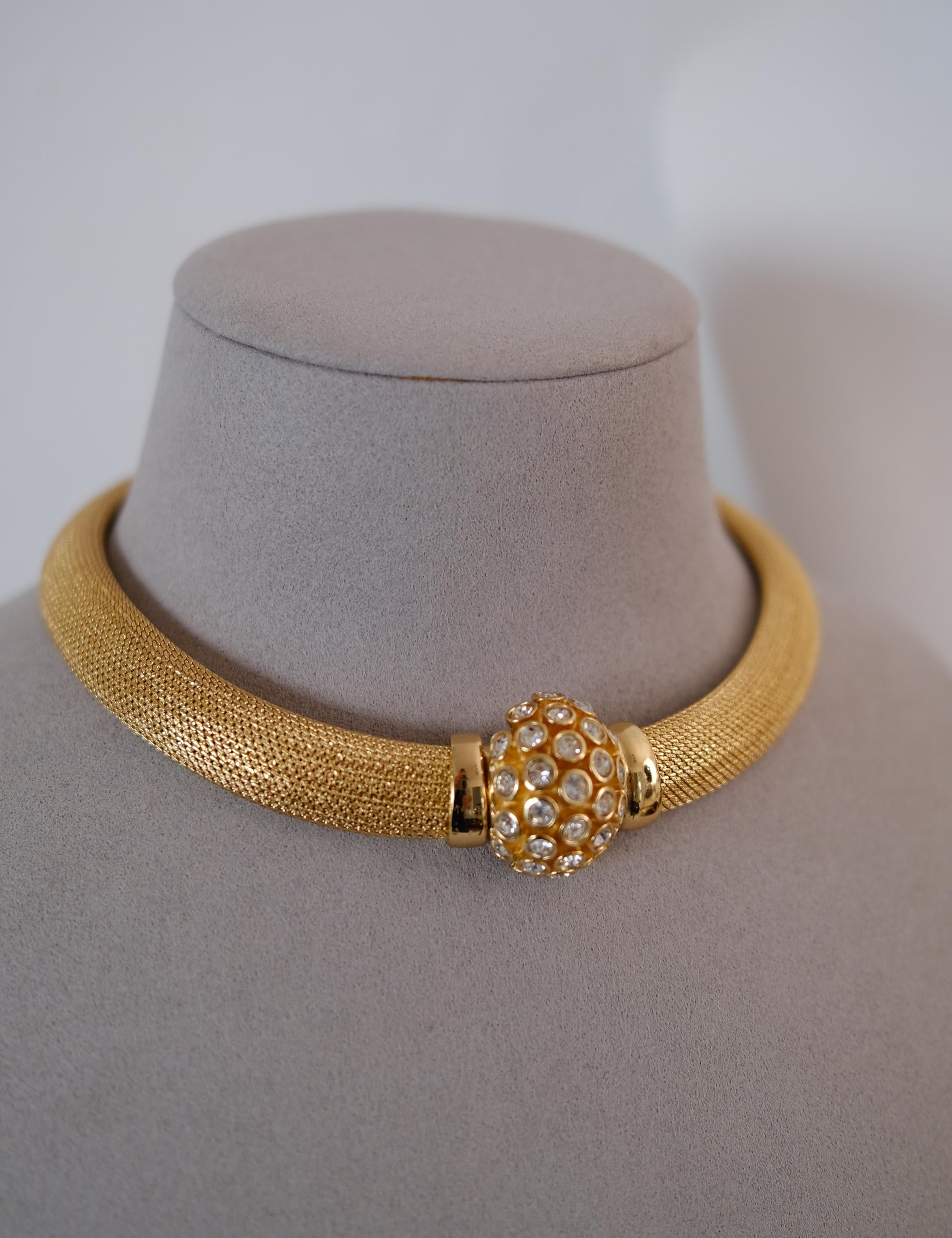 Vintage Christian Dior gold-tone collar choker necklace with crystal-set domed front clasp